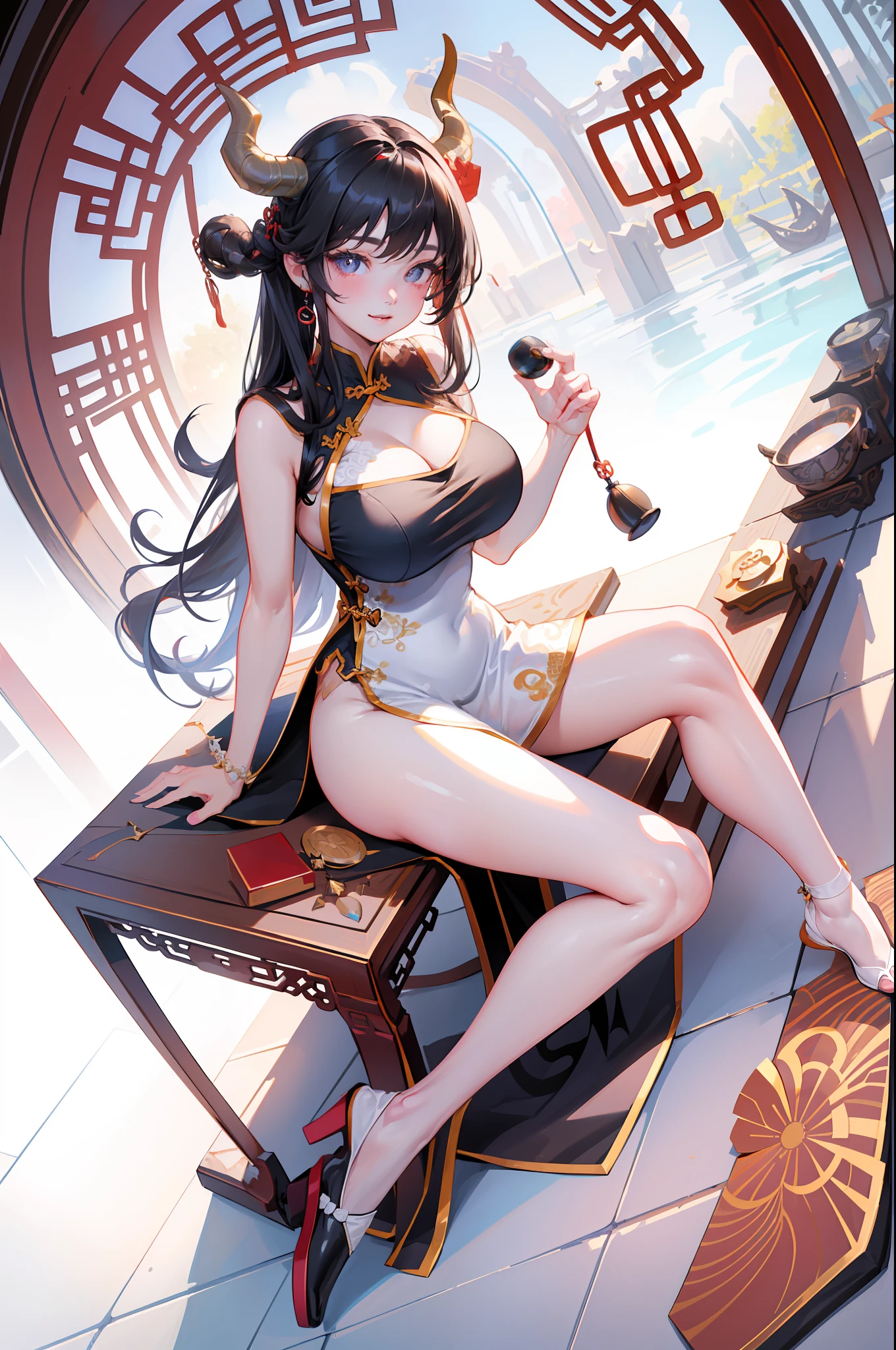 [(white background:1.5)::5], (imid shot:0.95), (full body:1.25), Dynamic angle, [Bottle bottom],(fisheye:1.4), (falt color:1.3),colorful,(masterpiece:1,2), best quality,extremely detailed cg 8k wallpaper,best quality, masterpiece, highres, original, extremely detailed wallpaper, (solo:1.25),Detailed and baeutiful face,
,1girl, hand on own chest,chain_leash,light smile,heart-shaped pupils, black hair,cowbell,long hair, ,horns,, bare shoulders,(large breasts:1.2), (china dress:1.5),cleavage, (sitting:1.3),