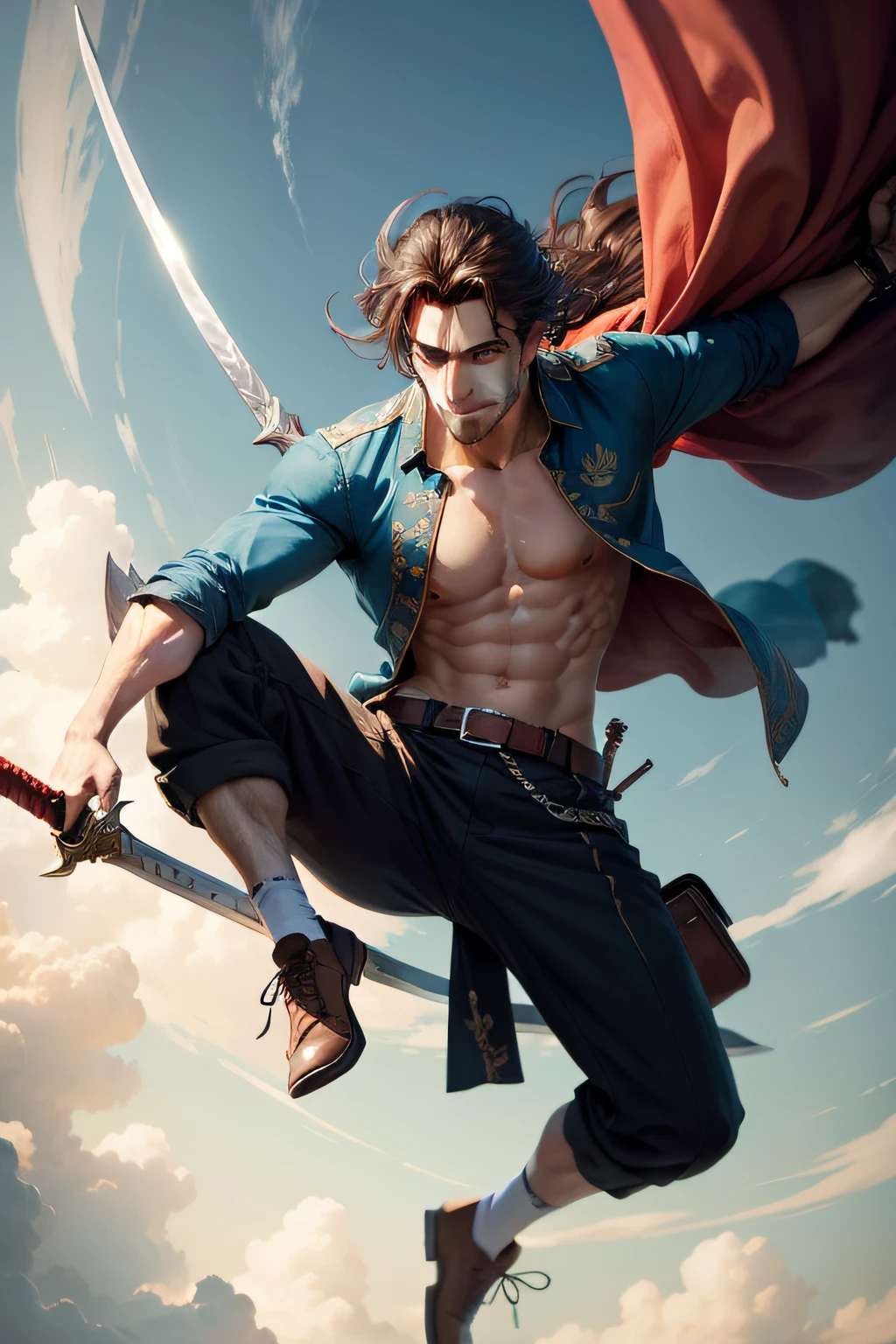 A man flying on a sword in ordinary clothes