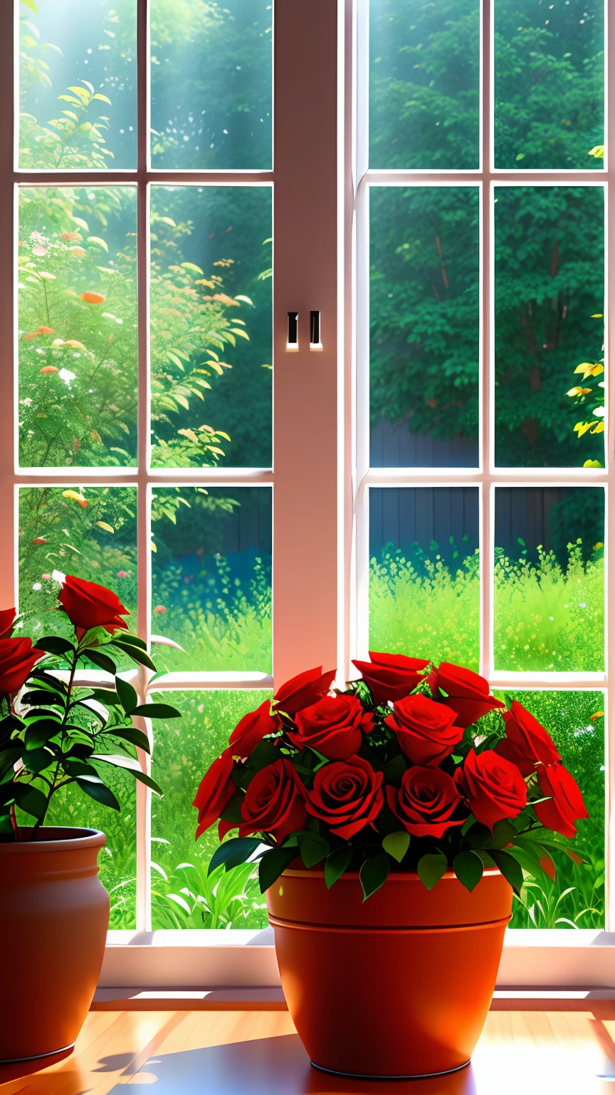Clay pot, colorful roses, by the window, sunlight coming in, blank background, lots of details, high quality, 8k,