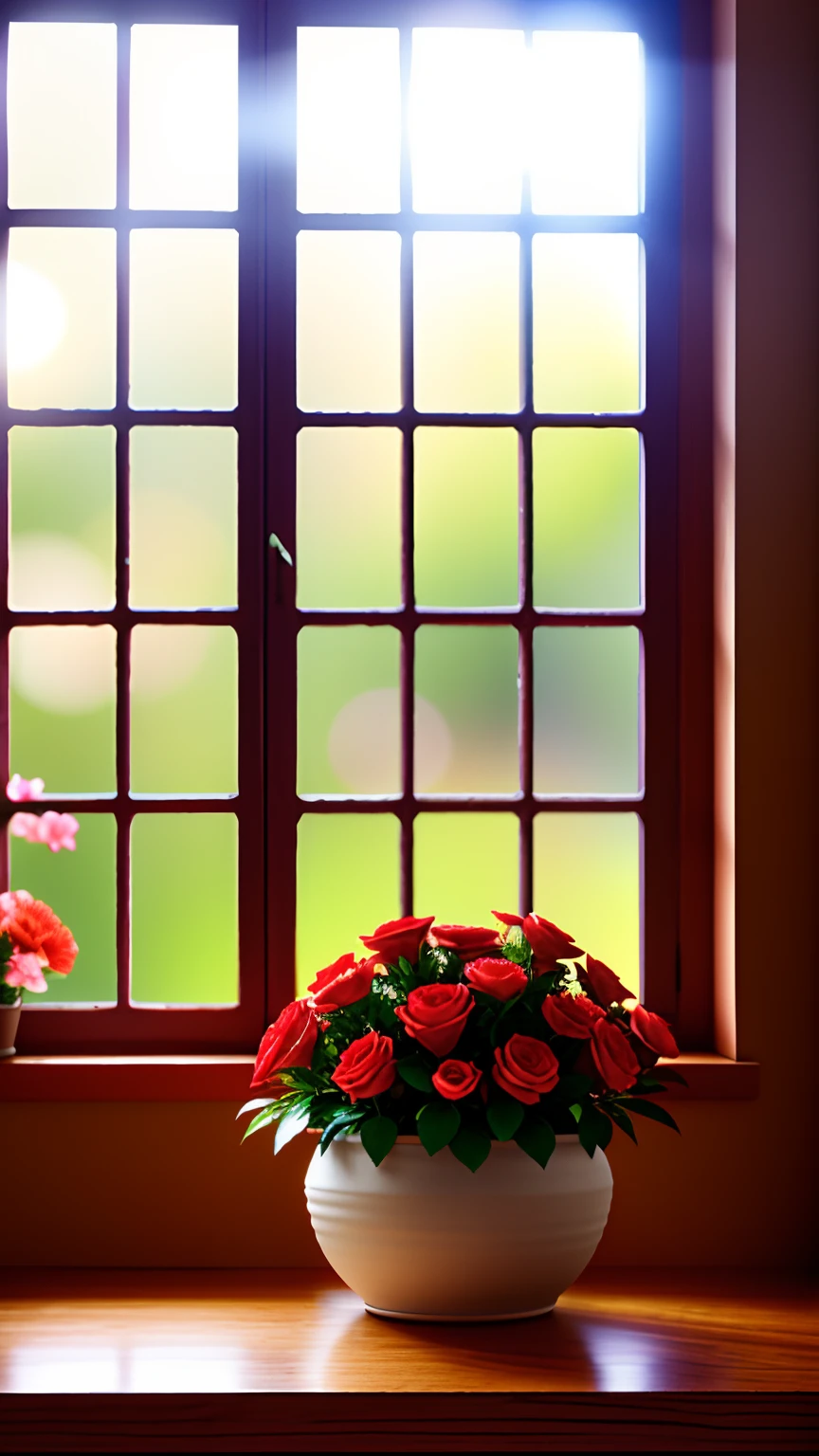 Clay pot, colorful roses, by the window, sunlight coming in, blank background, lots of details, high quality, 8k,