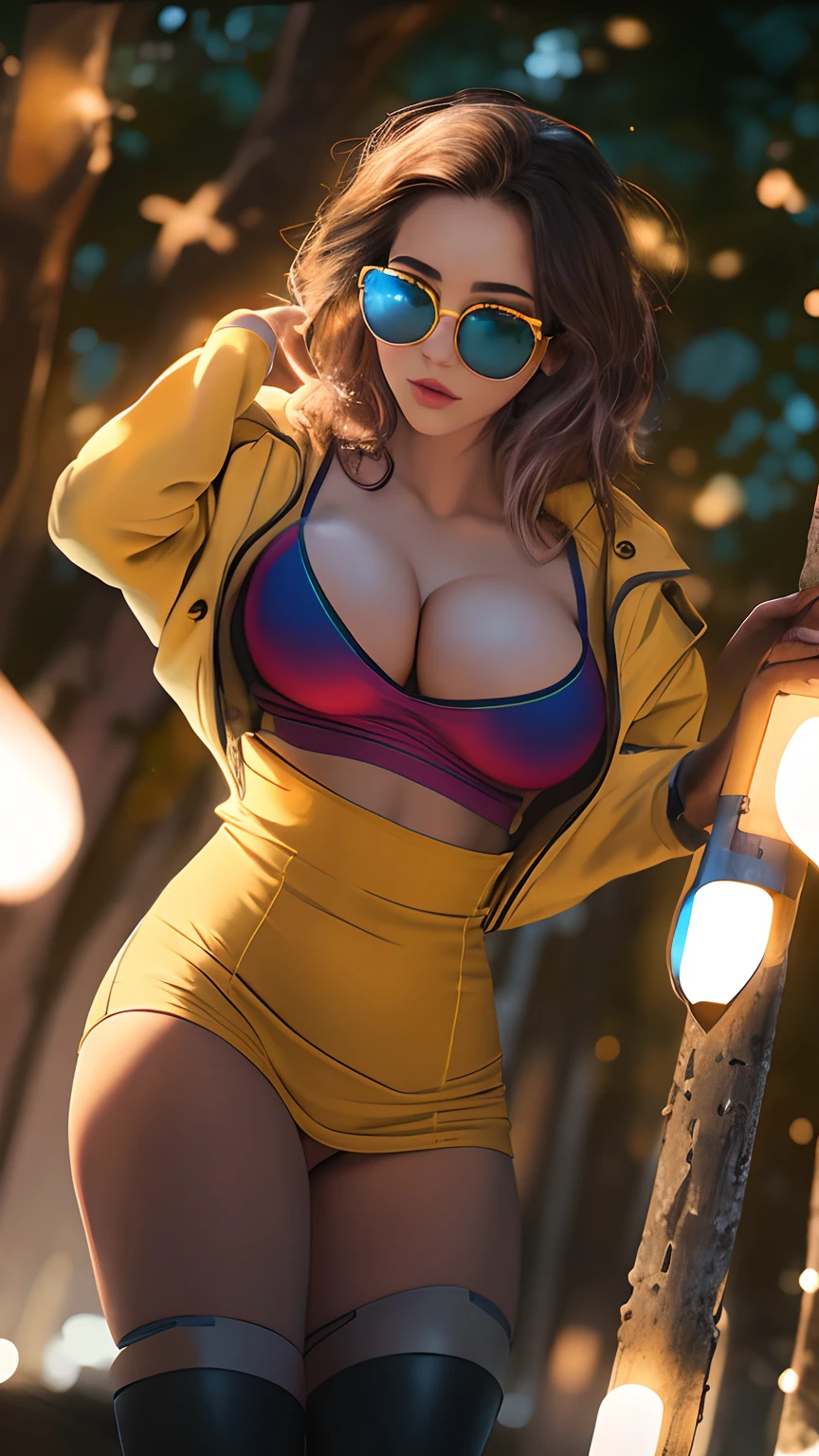cleavage, a beautiful woman, from_above, close-up, crop top, detailed face, yellow bodycon tank top, hair, park, sky, trees, pale skin, moonlight, stars, 1girl, statement sunglasses, big breasts ,petite, vivid colors, bokeh background, subject for emphasis,dramatic colors , hyperealistic, masterpiece, best quality, nsfw