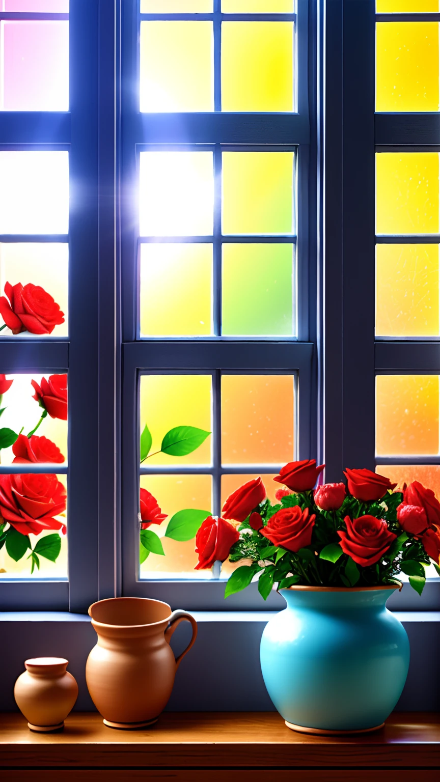 Clay pot, colorful roses, by the window, sunlight coming in, blank background, lots of details, high quality, 8k,