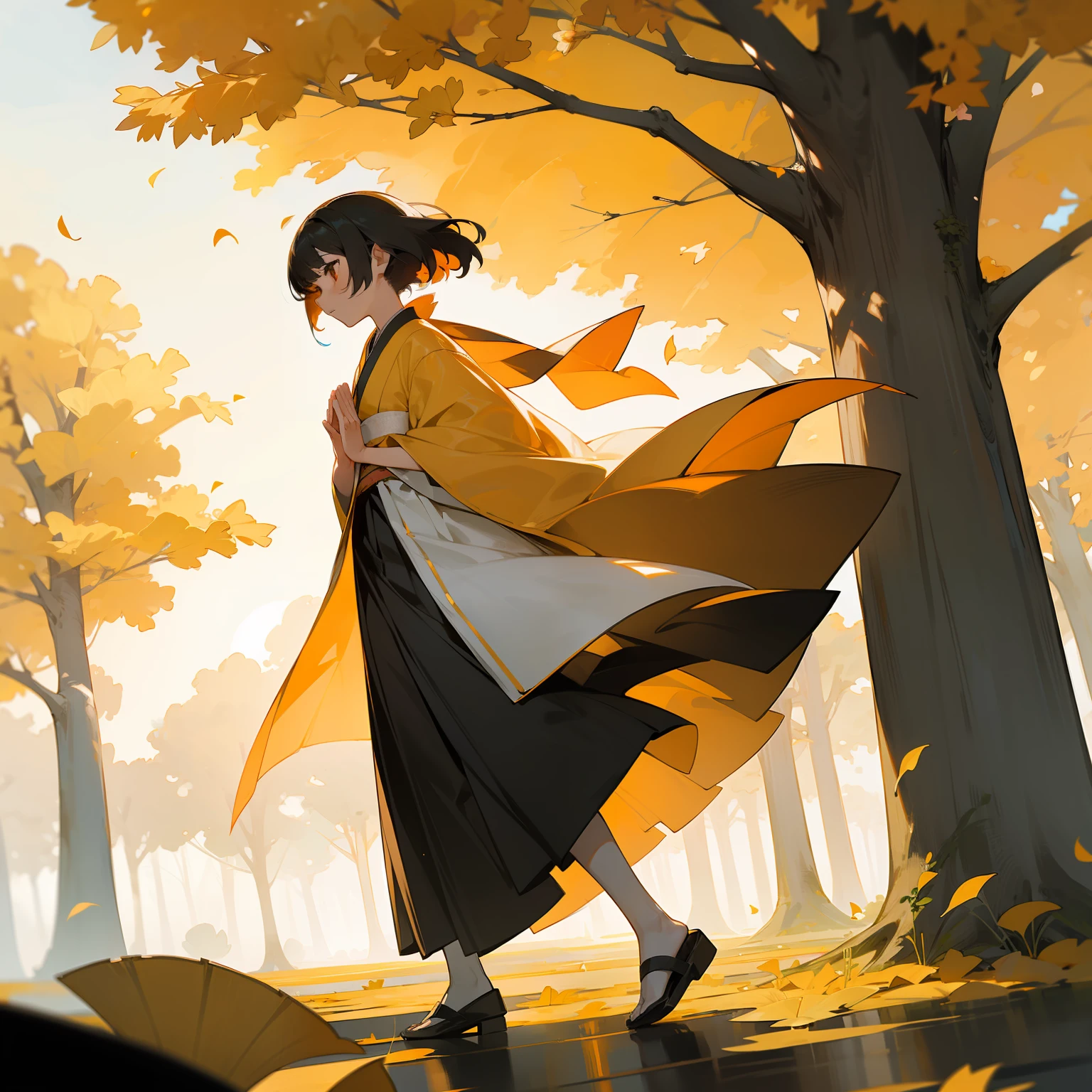 In a gust of elegant and aesthetic wind, a ceremony begins beneath a grand ginkgo tree. A girl stands at the center, her colorful hair shimmering in shades of black and orange, seemingly resonating with the beauty of the setting sun. The sky around is painted in a beautiful sunset, making the scenery incredibly ethereal. The girl is dressed in traditional Japanese attire, offering gentle prayers for longevity and solemnity to the participants. Ginkgo leaves dance in the wind, scattering gracefully. This ceremony soothes the souls of the participants, bringing them profound peace.