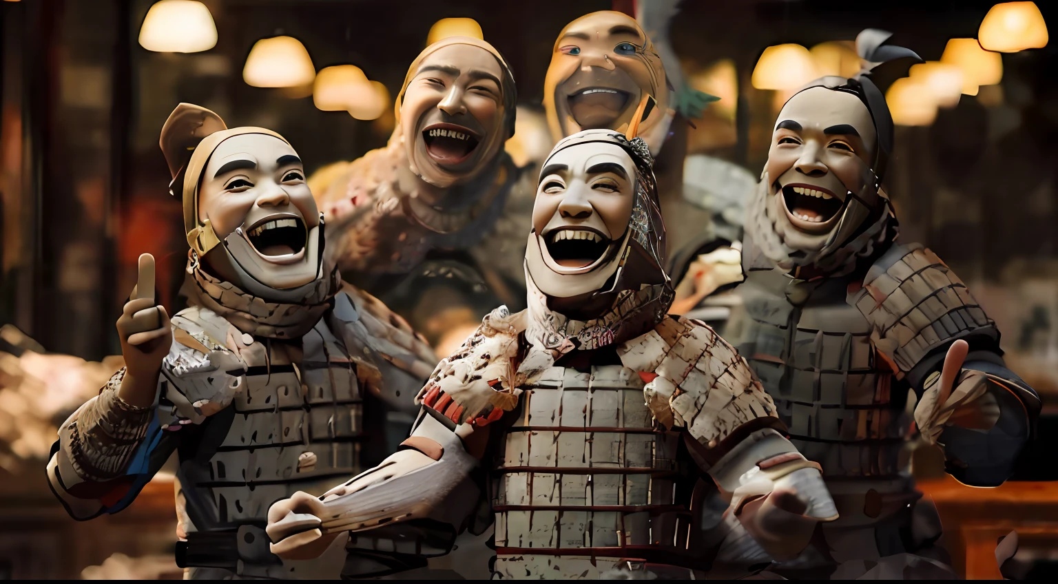 A statue of Aalfeld of a man with a face and arms is laughing, inspired by Ma Shi, ceramic statue, smiling warmly, triumphant, Menacing smile, Laughing, ancient china art style, cgi clay sculpture, stone statue, Chinese armor, Chinese Warrior, statues, inspired by Xuande Emperor, Smiling, Portrait shooting, menacing statues, Laughter, looking happy