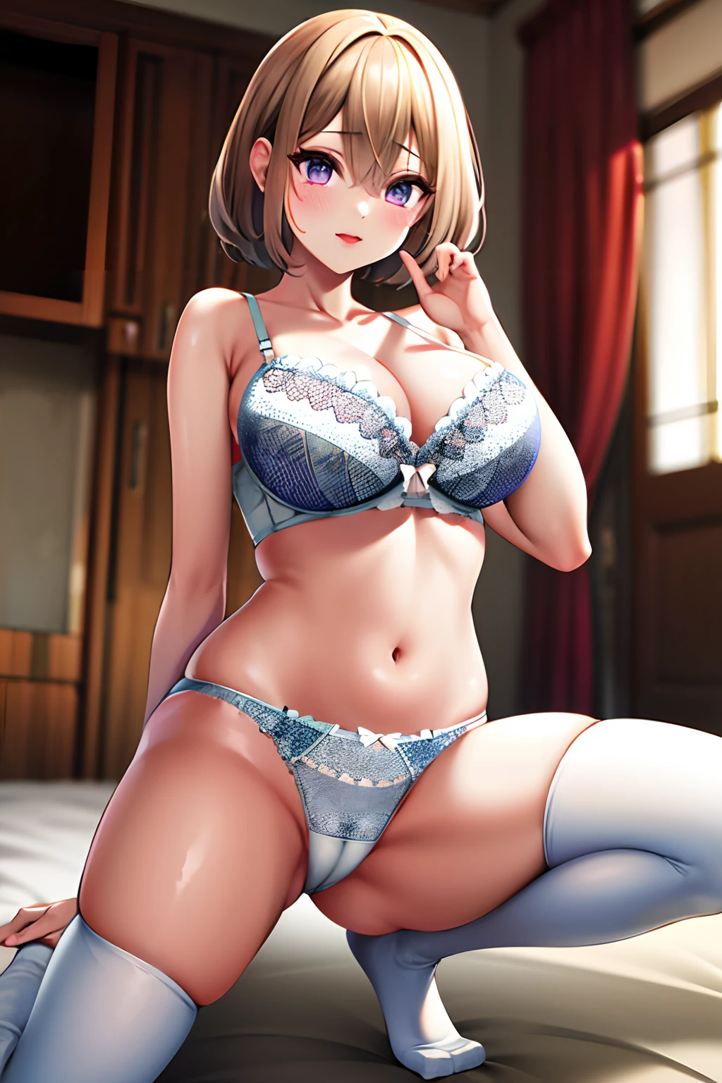 masterpiece, best quality, highres, purple eyes, whiye bra,white panties, cameltoe, white sock