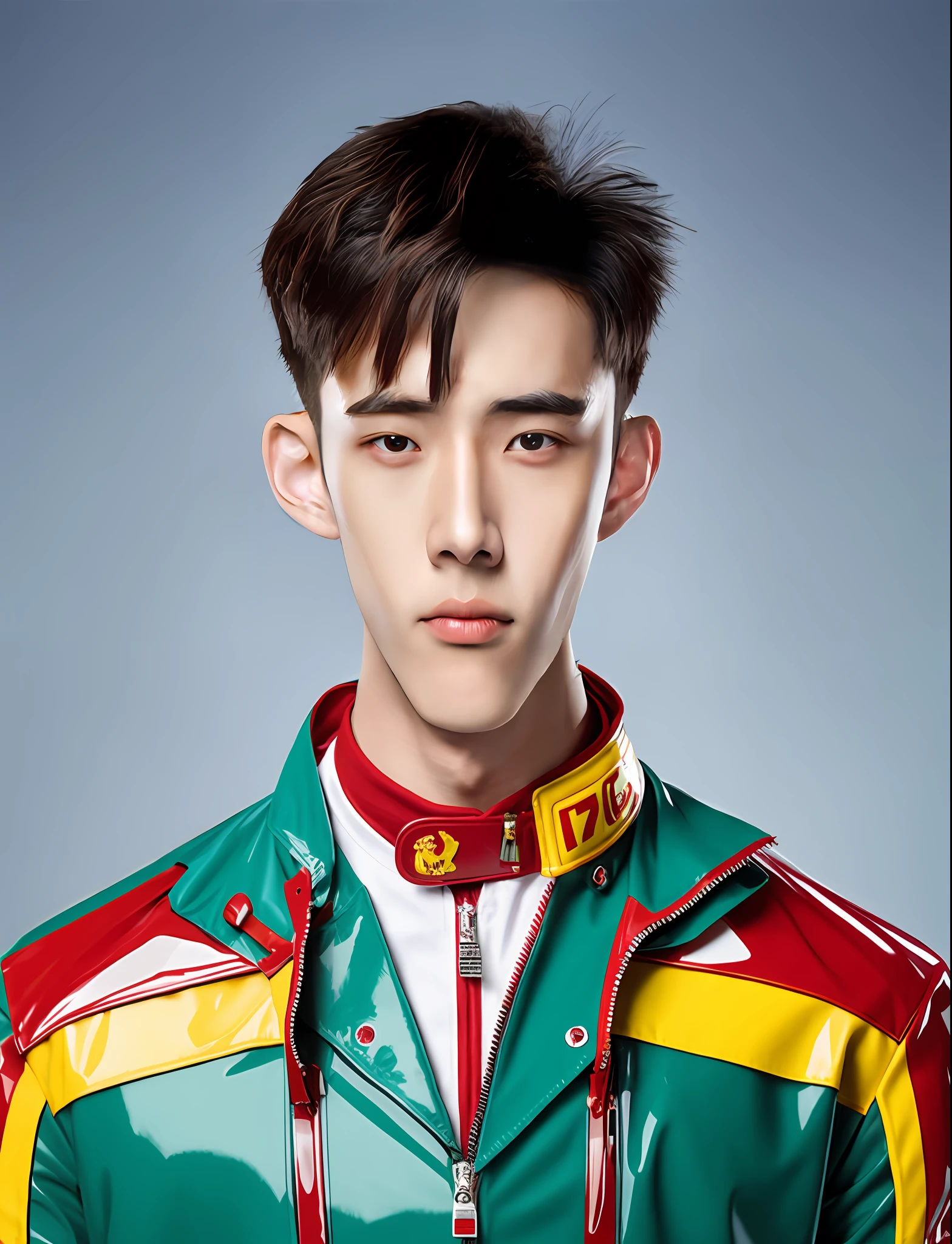 Handsome Chinese male high school student,Wearing PVC red and yellow motorcycle suits,There are zippers,greybackground