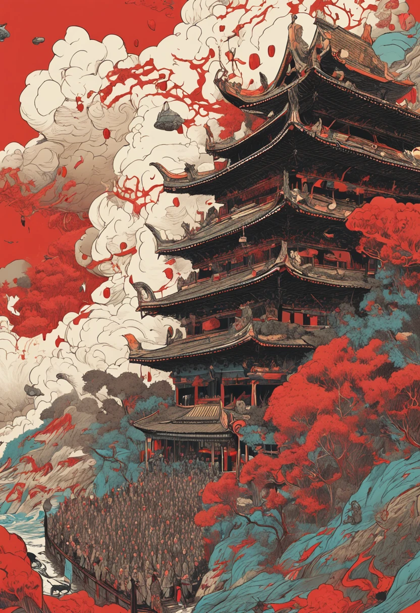 Light of Faith poster, Deviant-art, Sots Art, Official artwork, Light of Hell, official poster artwork, ( ( victo ngai ) ), ,anime still film anime shikishi,Nezha painting style ,Compilation art,A group of troops marched forward,Red flames surround,red colour,Red volcanic eruption in the middle,The soldiers were terrifying and terrifying,Smoke of war