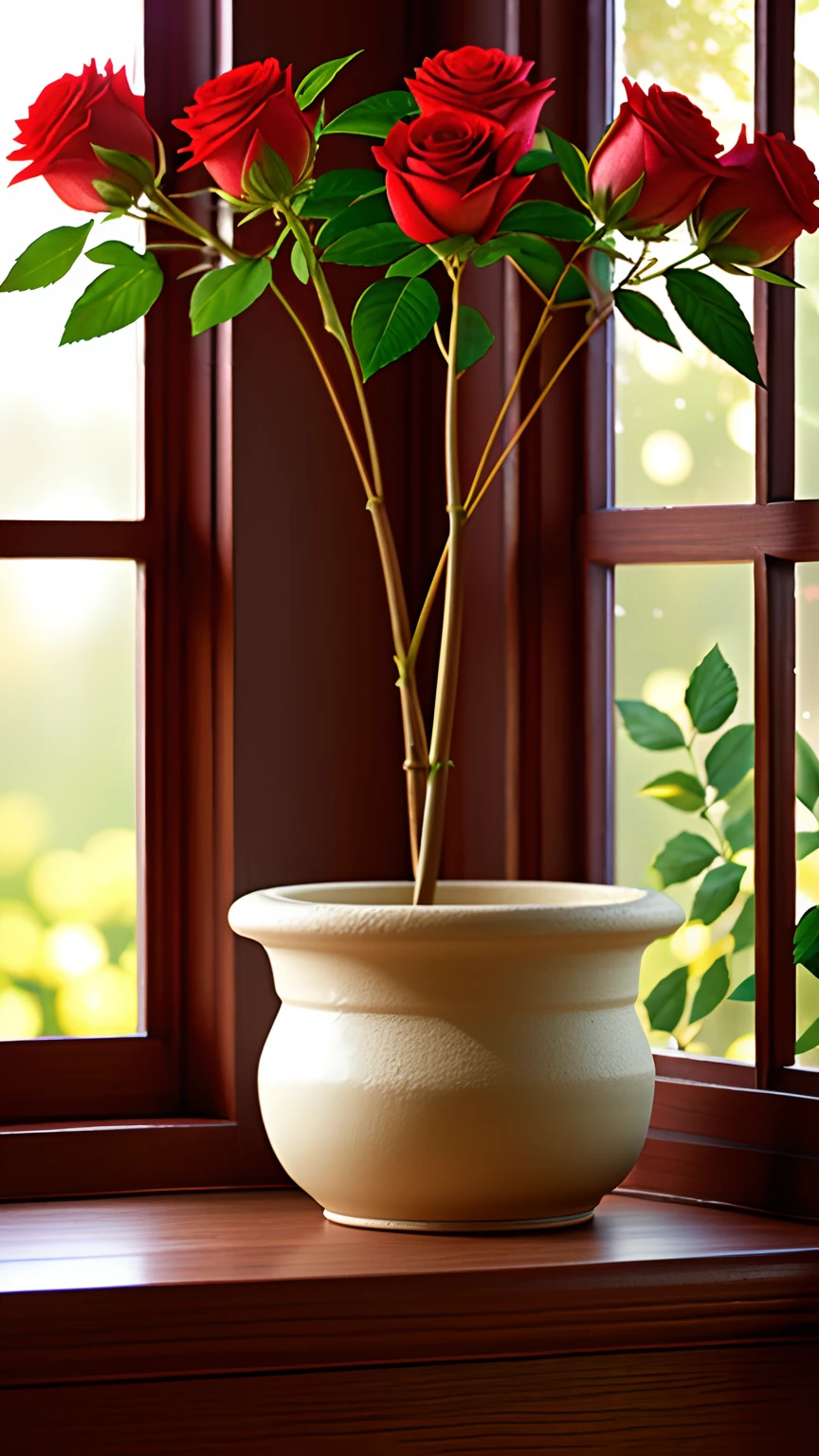 Clay pot, colorful roses, by the window, sunlight coming in, blank background, lots of details, high quality, 8k,