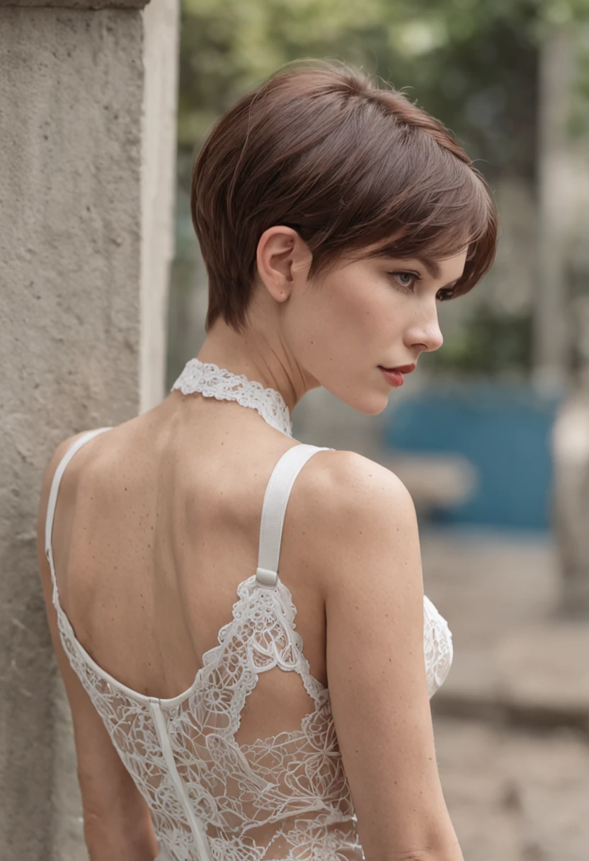 sfw, from behind, ankymoore, slender woman with short hair with tattoos, white monokini, graffitti background, (masterpiece), (best quality:1.2), absurdres, intricate details, flowers, leaves, roots, dynamic camera angle, masterpiece, best quality