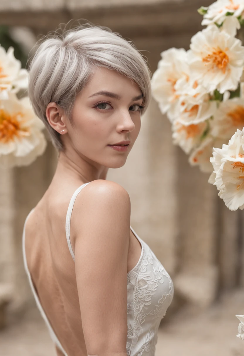 sfw, from behind, ankymoore, slender woman with short hair with tattoos, white monokini, graffitti background, (masterpiece), (best quality:1.2), absurdres, intricate details, flowers, leaves, roots, dynamic camera angle, masterpiece, best quality