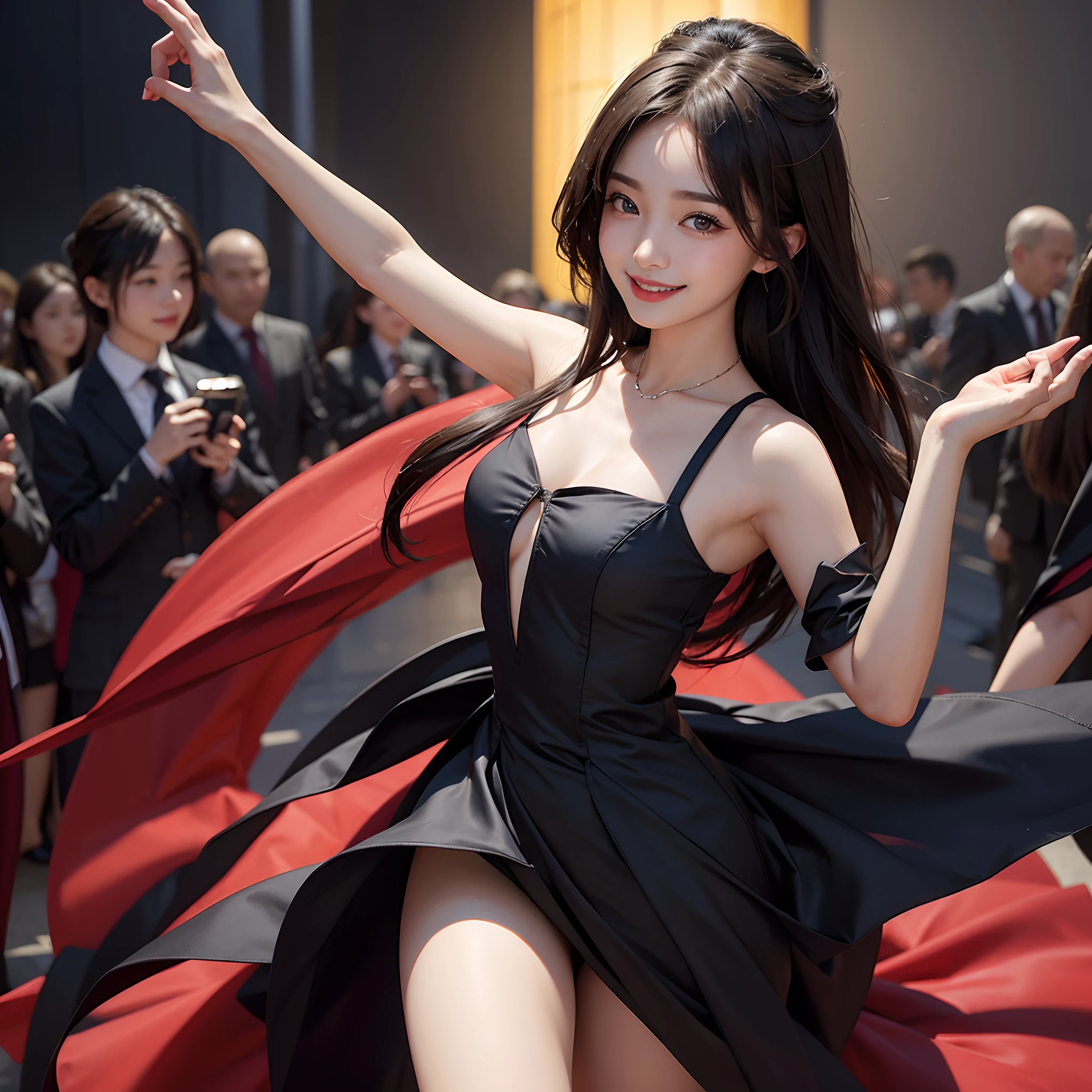 Front Focus)、(Dark: 1.6)、Red dress、Thighs are visible、Being in the middle of the steppe、Slightly upturned、Arms outstretched、Have a cute little bag、Dynamic lighting、art  stations、Volume Lighting、extra detailed face、Award-winning、 女の子1人、A dark-haired、Hair that grows to the shoulders、The best smile、Smiling eyes、二重まぶた、