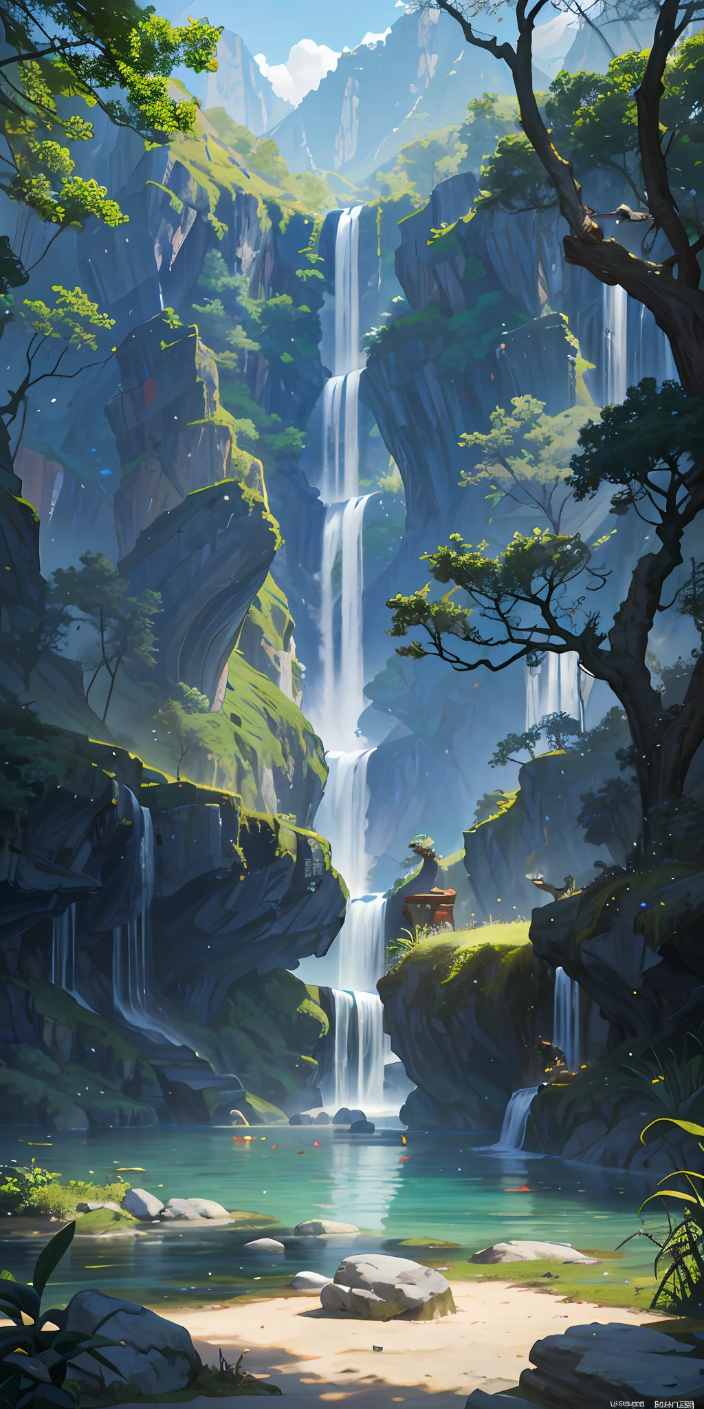 Chinese ancient times, spring, jungle, lake, cave, waterfall, tree, meadow, rock, deer, hot spring, water vapor, (illustration: 1.0), epic composition, realistic lighting, HD details, masterpiece, best quality, (very detailed CG unified 8k wallpaper)