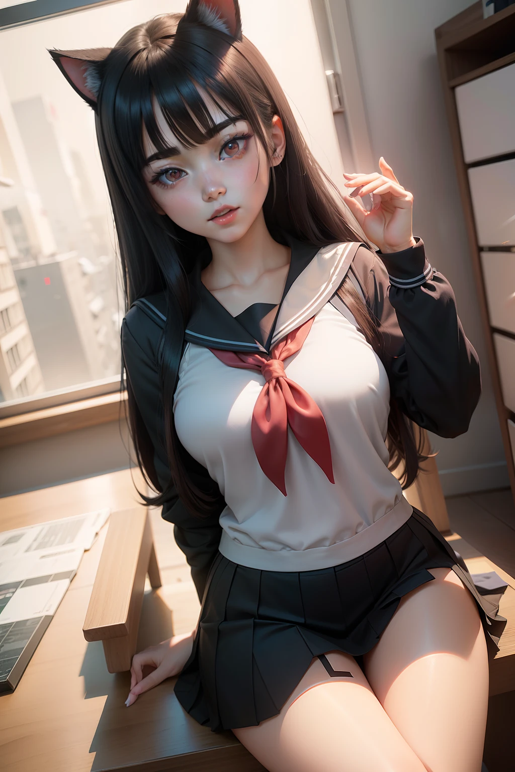 A dark-haired，Cute Korean，Sitting girl, Cat-eared lady, Expose 2 0 y. o Model girl, Seductive Anime Girl, uniform, 3 d anime realistic, Hyper realistic anime, photorealistic anime girl render, Ultra-realistic uniform style, a hyperrealistic schoolgirl, realistic anime 3 d style, Dancing，red-lips，a sailor suit