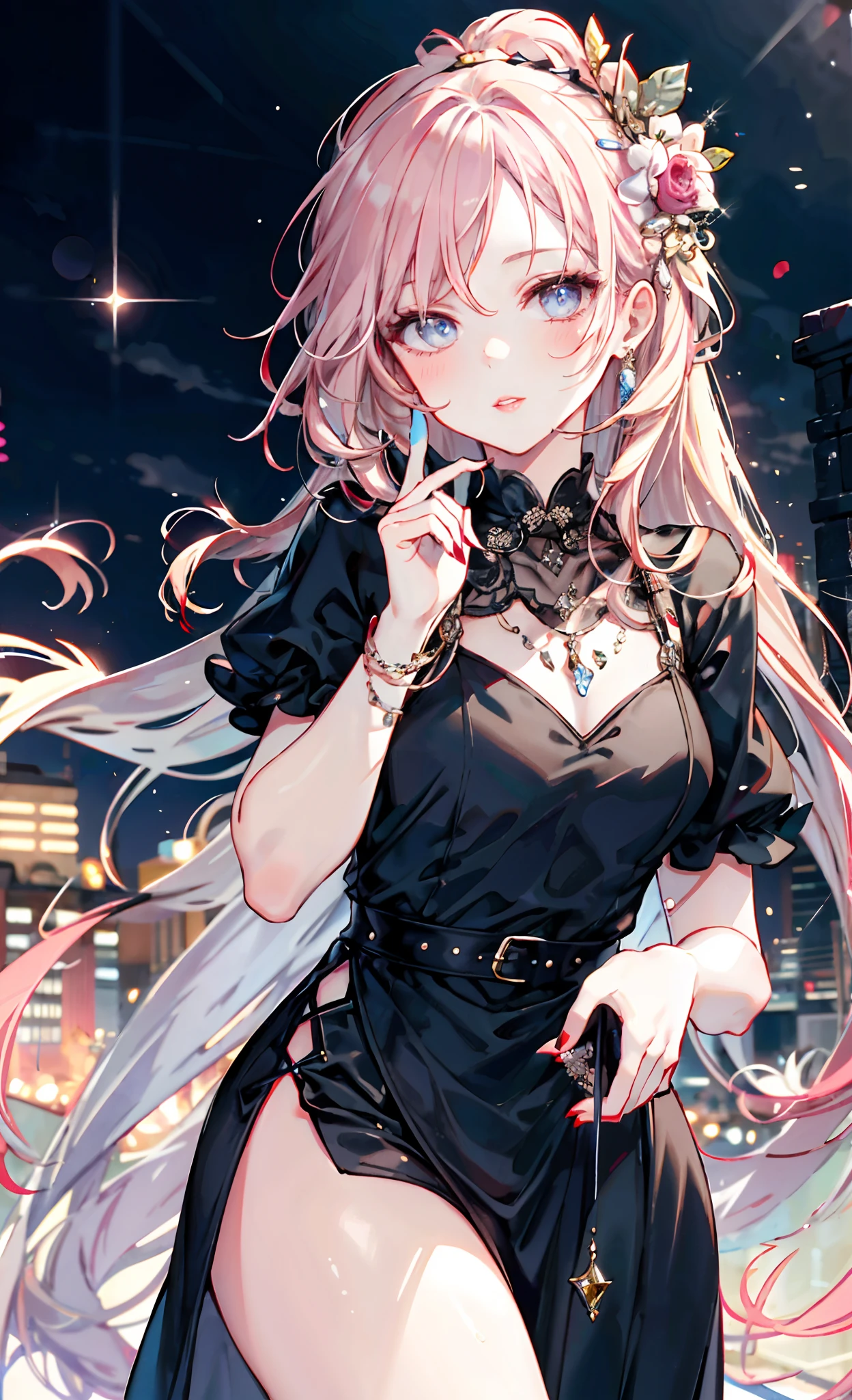 (Complete head：1.9)，meticulous portrayal of face，1 noblewoman，a matural female，Black dress long dress，Pink White Long Hair，night，Prom background，  s the perfect face， perfect hand， Perfect Finger， Perfect lips， perfect  eyes， Perfect background