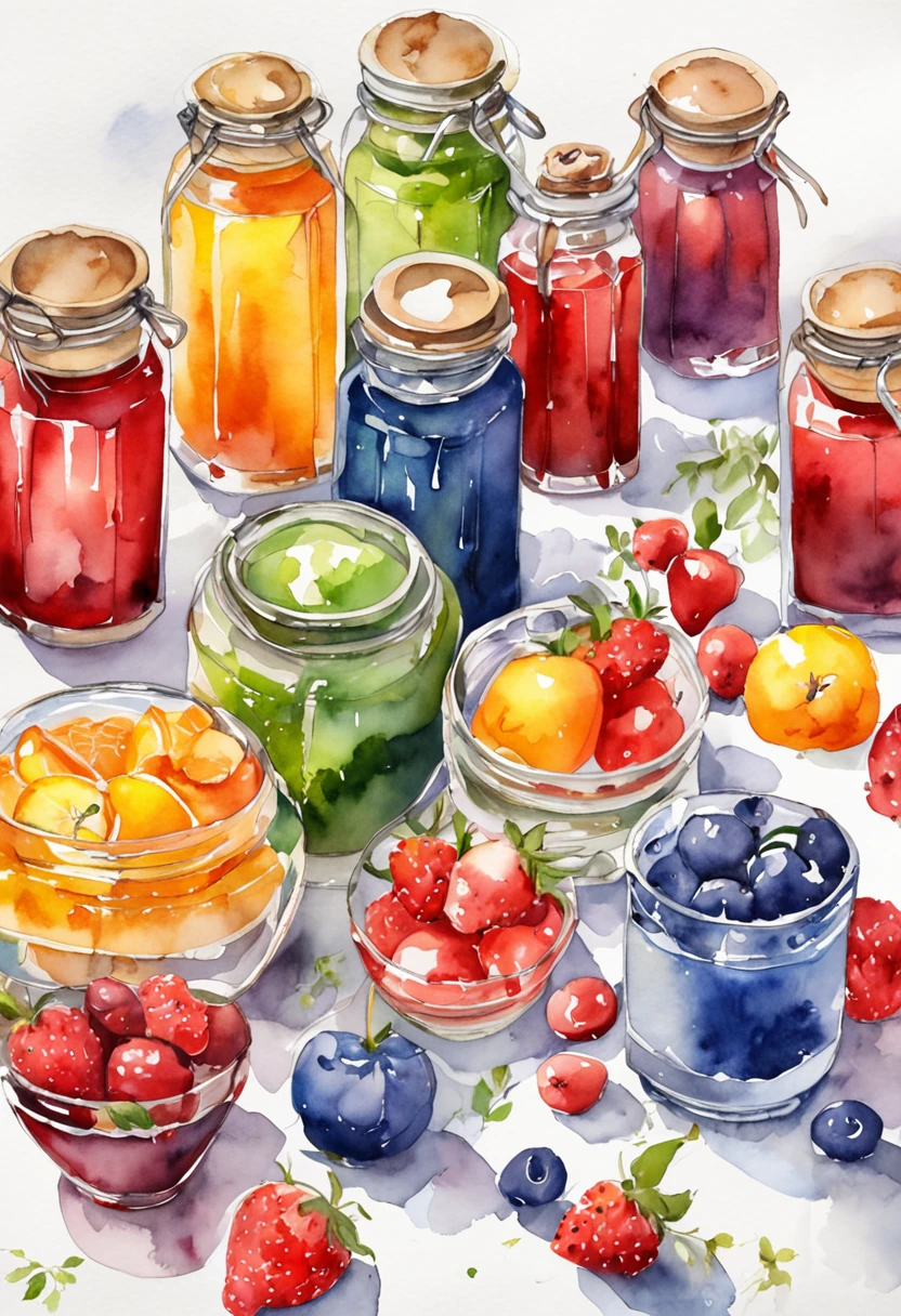 (Masterpiece: 1.2), (Best Quality: 1.2), Various types of glass sealed jars, fruits, juices, magic potions, colorful, well organized, arranged, white background, HD, Masterpiece, Super Detail, (Best Quality, High Resolution), Ultra HD, 32K, cgStation Pop, masterpiece, best quality