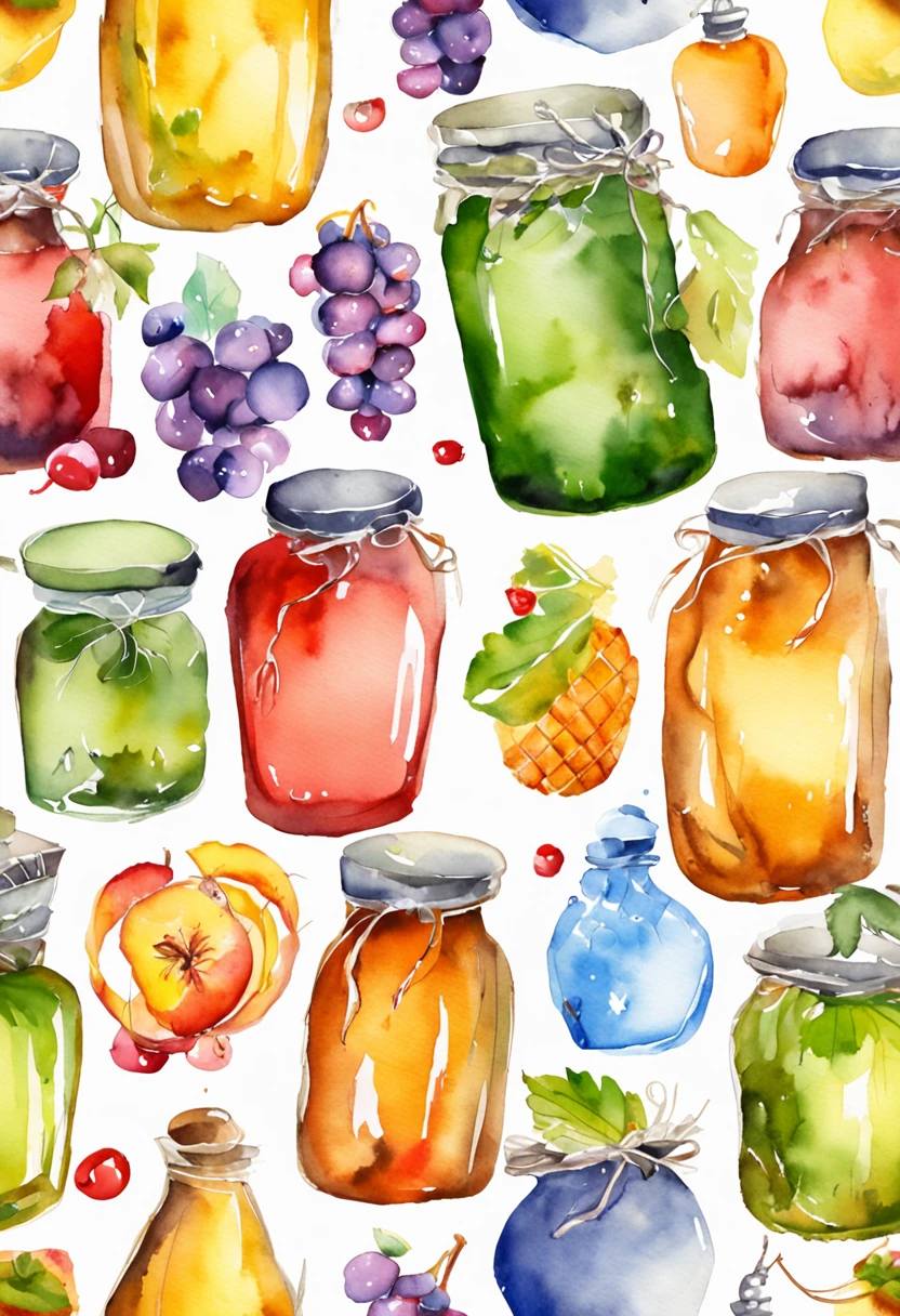 (Masterpiece: 1.2), (Best Quality: 1.2), Various types of glass sealed jars, fruits, juices, magic potions, colorful, well organized, arranged, white background, HD, Masterpiece, Super Detail, (Best Quality, High Resolution), Ultra HD, 32K, cgStation Pop, masterpiece, best quality