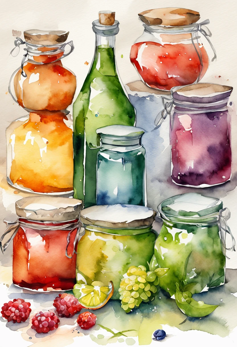 (Masterpiece: 1.2), (Best Quality: 1.2), Various types of glass sealed jars, fruits, juices, magic potions, colorful, well organized, arranged, white background, HD, Masterpiece, Super Detail, (Best Quality, High Resolution), Ultra HD, 32K, cgStation Pop, masterpiece, best quality