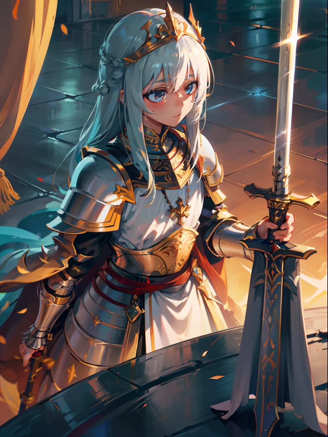 Look from the bottom up,low angle shot,Highly detailed portrait of a royal male paladin,Heavy armor,shelmet,epee,big sword,Cross sword,sword,Silvertone,holy rays,god light,medieval times,Noble,setia,Servant of Jesus,Solemn,Gold accents,epic fantasy digital art,devout,tmasterpiece,8K,high definition resolution,Detailed detail drawing,high qulity