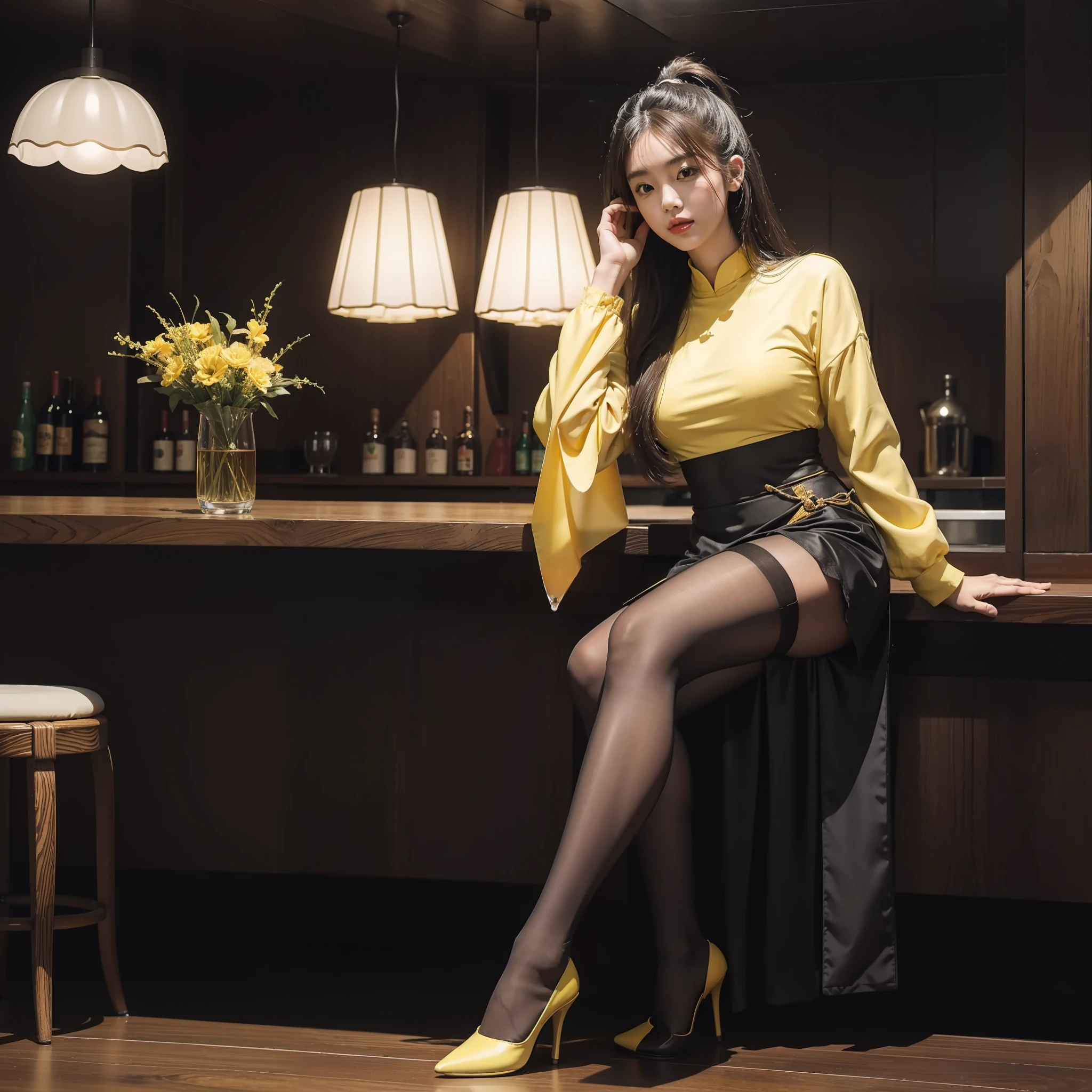 (full body:1.5),(1girl:1.3),(view the viewer:1.4),(anatomy correct:1.3),(Sitting at the bar drinking alcohol:1.2),(A yellow Taoist clothing :1.2),( Very thick Lime Pantyhose:1.3),( girl pointed thick heels :1.1),(Accurate and perfect face:1.3),hyper HD, Ray traching, reflective light, structurally correct, Award-Awarded, high detail, lighten shade contrast, Face lighting ,cinematic lighting, masterpiece, super detailing, high quality, high detail, best quality, 16k,High contrast,