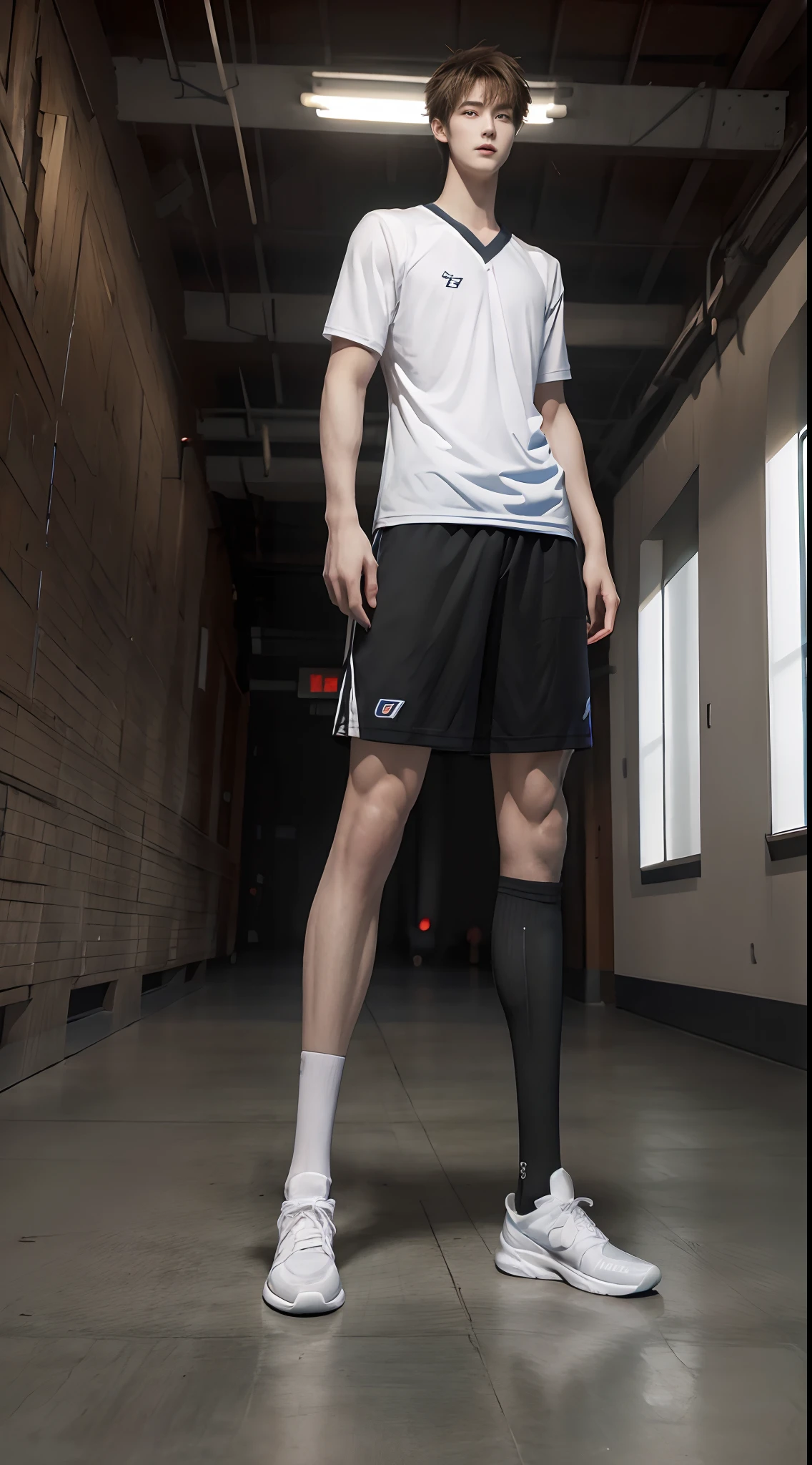 (((Best quality))),(((Ultra detailed))),(((Masterpiece)))，（Cute tall Shota：2），（is a giant：2），The height of a volleyball player，solo person，（full bodyesbian：3），（Stay away from the lens：3），Expose your legs，（revealing the whole body：2），（Frontal heads-up view：1.2），malefocus，（looking at viewert），ers old，（Tall：3），（Tall guy：2），Super tall，（Height 300 cm：2），Excellent body proportions，muscular physique，（1.The shoulders are 5 times wider：1.2），（Slender straight legs：2.5），Slender feet，small heads，musculous，（The face of the animated male protagonist），Pure face，（Very detailed beautiful face and eyes：2），（Big bright eyes：1.2），Sharp eyeliner，Clear and beautiful face，exhilarated，（Happy smile：3），short detailed hair，（Correct facial features），（tilts your head：1.5），（school uniform for boys：2)，Long white socks，big feet，Basketball shoes，（Muscle firming：2），Strong，（Wide shoulders and narrow waist：2.2），Sports men's socks，Detailed muscle texture，Highlights muscle structure，Have on the street，（dynamicposes：4），（full length shoot），ultra-realistic realism, (Photorealistic detail), Incredible accuracy, lifelike textures, masterful technique, Jaw-dropping precision, artistic dedication，（anatomy correct），Good lighting，exquisite detailing，Best quality，stunning masterpiece，CG，（Colored screen）