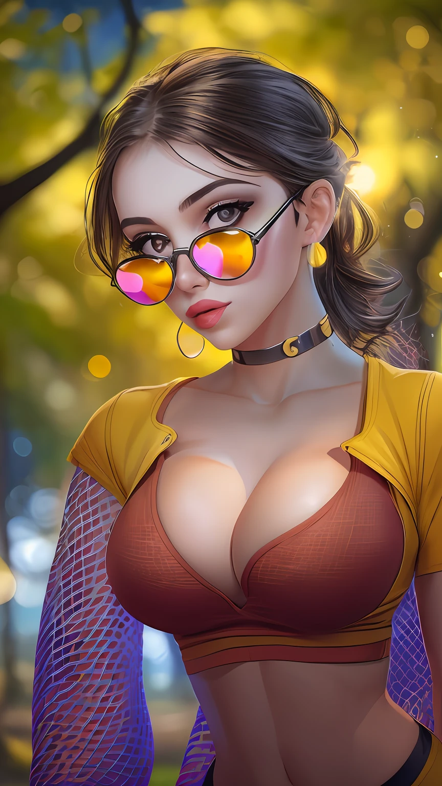 cleavage, a beautiful woman, from_above, close-up, crop top, detailed face, yellow bodycon tank top, hair, park, sky, trees, pale skin, moonlight, stars, 1girl, statement sunglasses, big breasts ,petite, vivid colors, bokeh background, subject for emphasis,dramatic colors , hyperealistic, masterpiece, best quality, nsfw