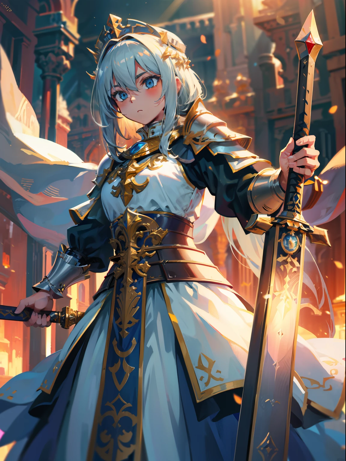 Look from the bottom up,low angle shot,Highly detailed portrait of the Royal Paladin,Heavy armor,shelmet,epee,big sword,Cross sword,sword,Silvertone,holy rays,god light,medieval times,Noble,setia,Servant of Jesus,Solemn,Gold accents,epic fantasy digital art,devout,tmasterpiece,8K,high definition resolution,Detailed detail drawing,high qulity