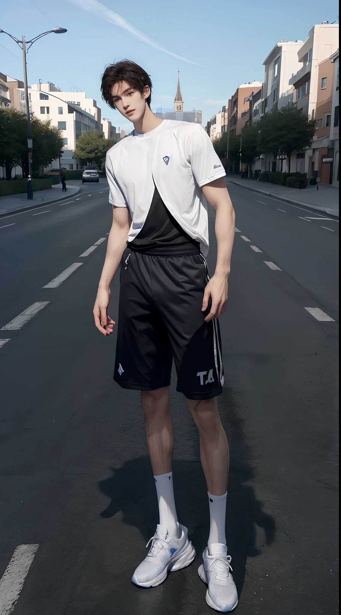 (((Best quality))),(((Ultra detailed))),(((Masterpiece)))，（Cute tall Shota：2），（is a giant：2），The height of a volleyball player，solo person，（full bodyesbian：3），（Stay away from the lens：3），Expose your legs，（revealing the whole body：2），（Frontal heads-up view：1.2），malefocus，（looking at viewert），16 yaers old，（Tall：3），（Tall guy：2），Super tall，（Height 300 cm：2），Excellent body proportions，muscular physique，（1.The shoulders are 5 times wider：1.2），（Slender straight legs：2.5），Slender feet，small heads，musculous，（The face of the animated male protagonist），Pure face，（Very detailed beautiful face and eyes：2），（Big bright eyes：1.2），Sharp eyeliner，Clear and beautiful face，exhilarated，（Happy smile：3），short detailed hair，（Correct facial features），（tilts your head：1.5），（school uniform for boys：2)，Long white socks，big feet，Basketball shoes，（Muscle firming：2），Strong，（Wide shoulders and narrow waist：2.2），Sports men's socks，Detailed muscle texture，Highlights muscle structure，Have on the street，（dynamicposes：4），（full length shoot），ultra-realistic realism, (Photorealistic detail), Incredible accuracy, lifelike textures, masterful technique, Jaw-dropping precision, artistic dedication，（anatomy correct），Good lighting，exquisite detailing，Best quality，stunning masterpiece，CG，（Colored screen）