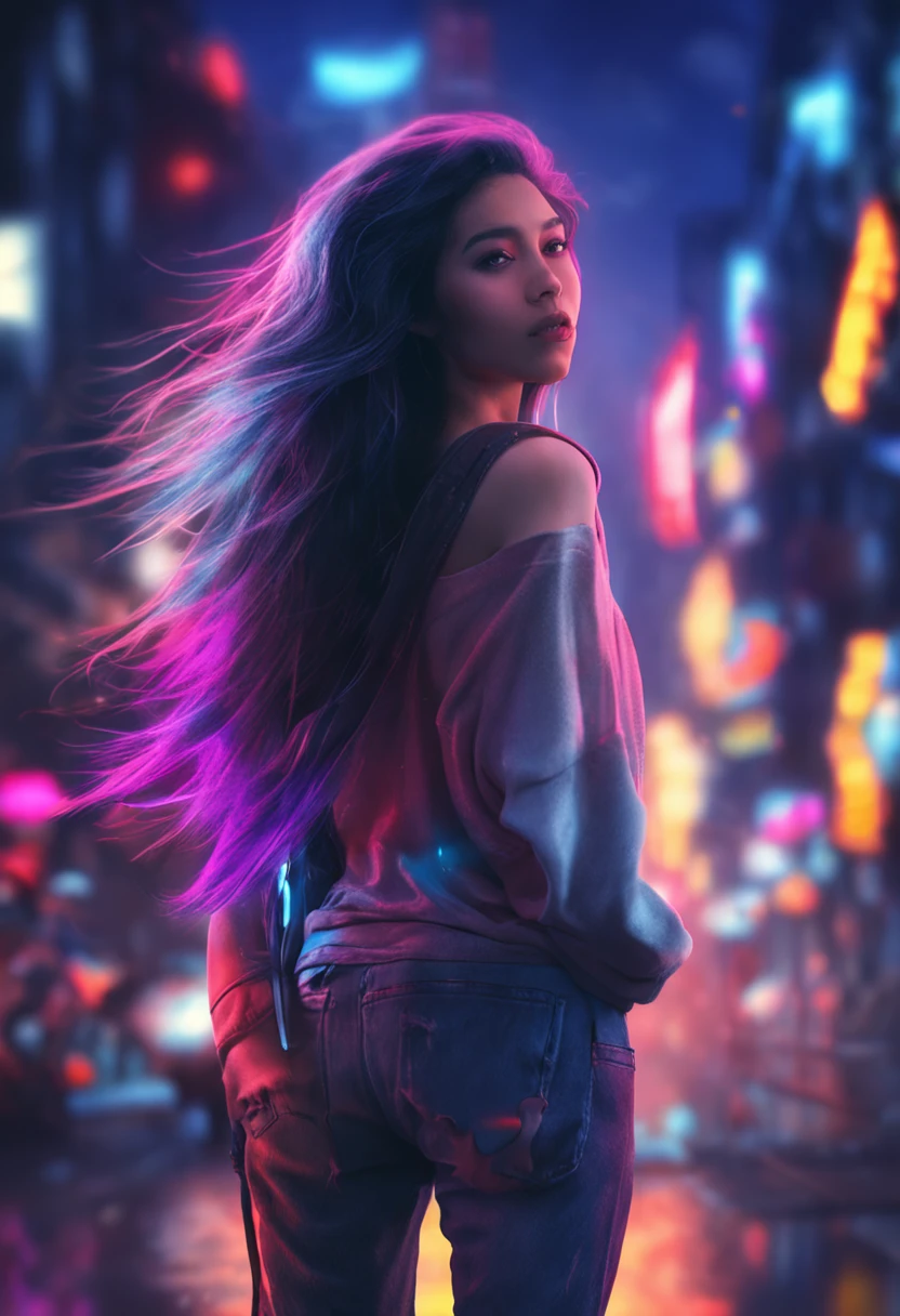 "Image Quality: 14K (Best Quality Scale: 2.8), Artistic Style: Realistic, Photorealistic Factor: 1.37, Clarity: Ultra High Definition, Subject: 1girl turned away stunning cityscape ,hoodie,blue hair, neon color shooting stars, very long hair, off shoulder, feather hair ornament, neon colors, flashes, stunning night sky, Teenage Girl (1 body), Notable Features: body turned away, Exquisite Details, Composition:, Damp Hair, Context: Amidst Colossal Dalsefo, white t shirt , huge Angel wings very detailed