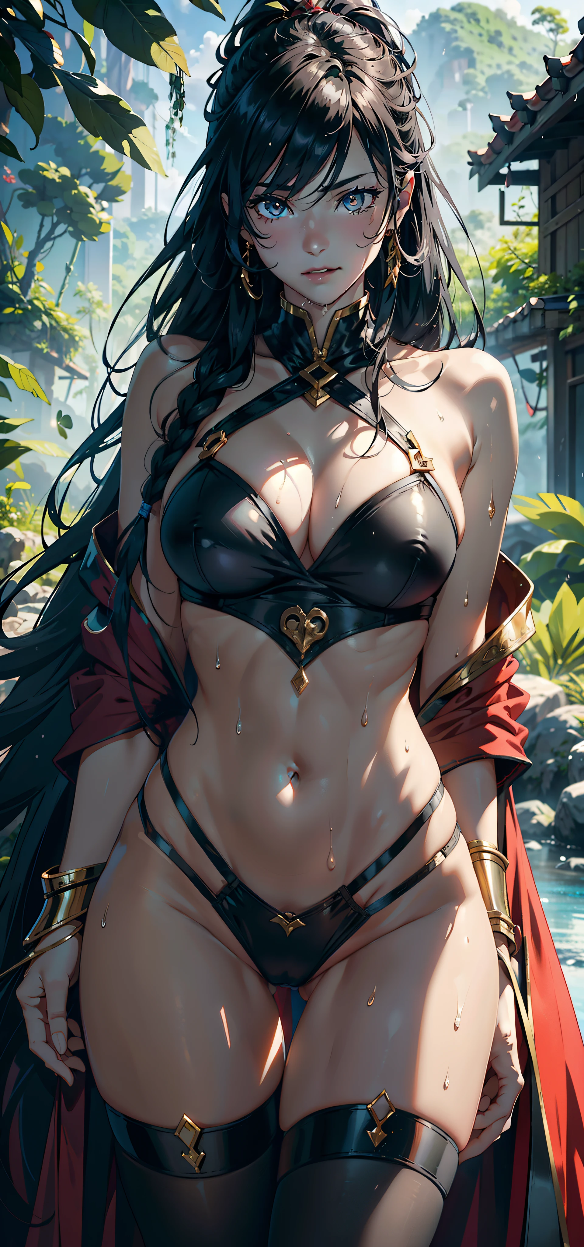 1female,9 years old,bit girl,super adorable,Big breasts Thin waist,long leges,Buttock augmentation,Pornographic exposure, 独奏,(Background with:hilltop,the rainforest,in summer,Standing water on the ground,exteriors) Feel free to hairstyle,Stride,Sweat profusely,drenched all over the body,seen from the front,Long black hair , mostly cloudy sky,(((tmasterpiece),(Very detailed CG unity 8K wallpaper),best qualtiy,cinmatic lighting,detailed back ground,beatiful detailed eyes,Bright pupils,(Very fine and beautiful),(Beautiful and detailed eye description),ultra - detailed,tmasterpiece,)),facing at camera,A high resolution,ultra - detailed)nakeness,Wipe off panties,revealing breasts,Bare genitalia, Bulge,Camel toes,Raised sexy,Embarrassed expression,Flushed complexion,Open-mouthed,frontage,Gold Saint Seiya(Wearing:Red cape,Pantyhose)