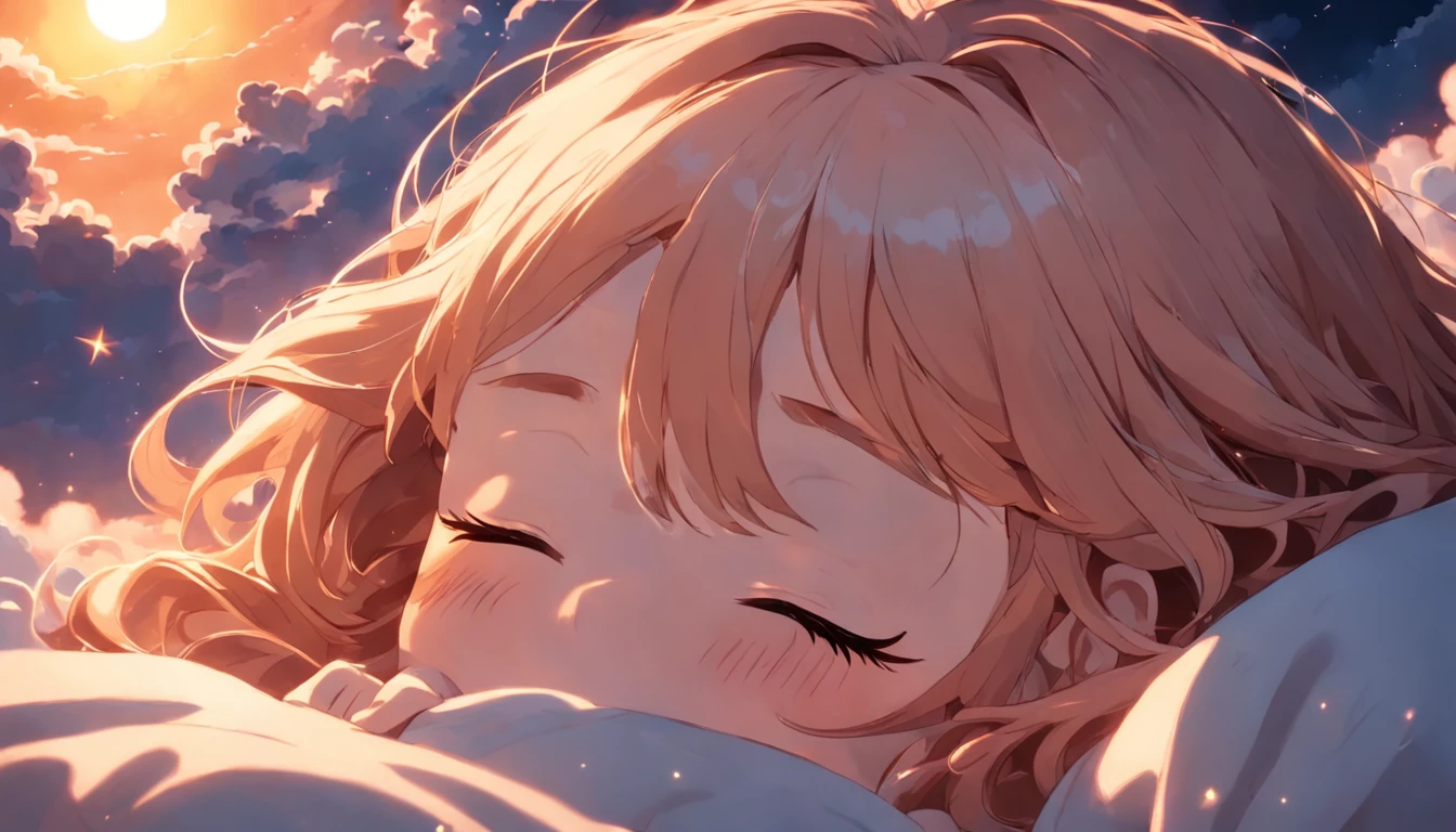 ​masterpiece, Highest Quality, MovieSteel, 1woman, Cloud Girl, Floating in the sky, close-up, brightness, happiness, Warm and soft lighting, sunset, Sleeping, Sleep on your stomach, sleep, eyes closed. (sparks:0.7)