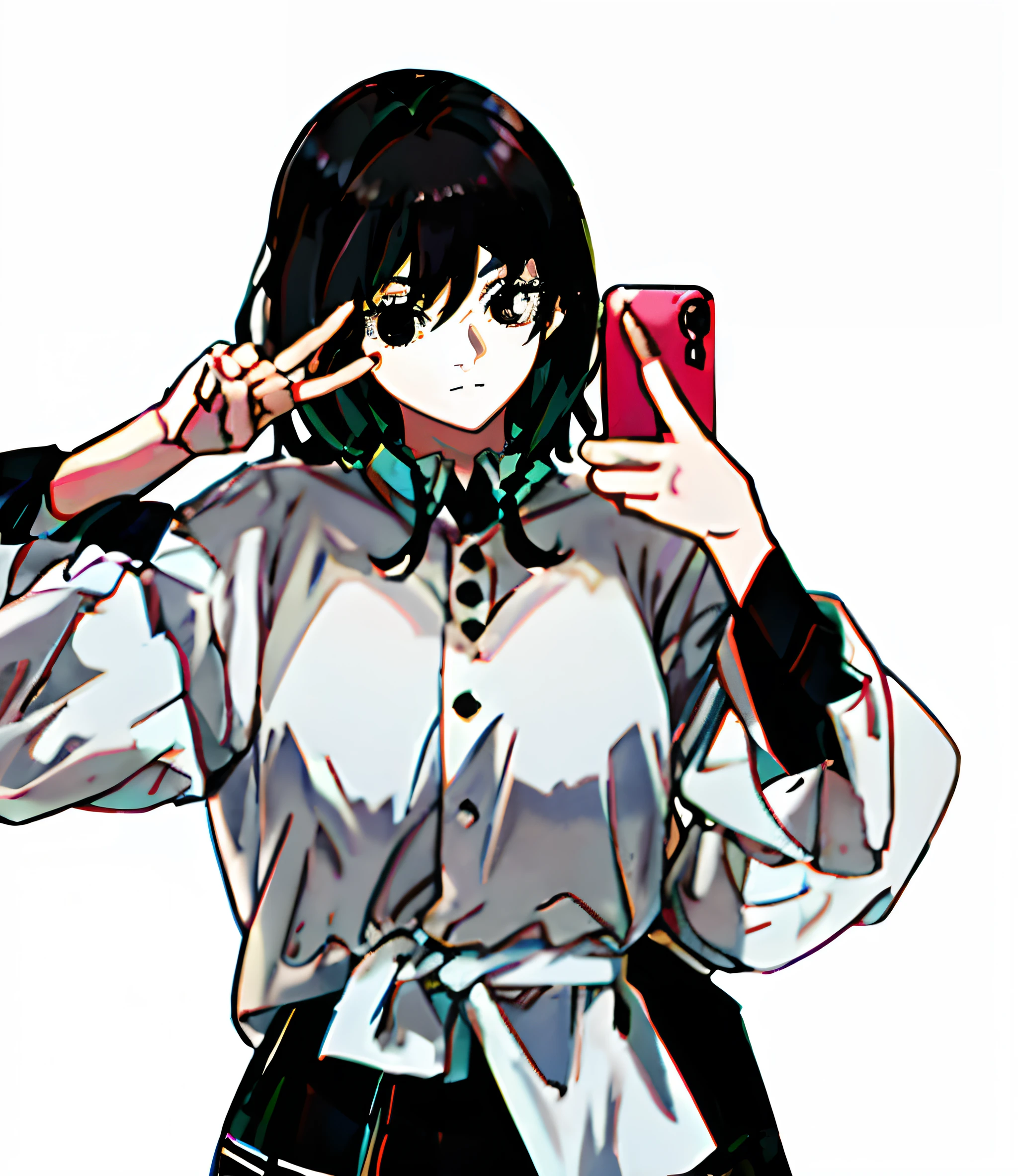 Anime girl selfie, White top!!!, White sleeves!!!, black short skirt!, Hold the phone in your left hand, Right-handed gesture like scissors, Black color hair!, Black eyes!, Loose sleeves, Pure white clean background, anime big breast, Flat coating, cold shades, Lori huge breasts cleavage!!, strong lights!, Parted bangs, Hollow eyes, eyeball, Closed mouth, anime big breast, by Pixar, hyper HD, A high resolution