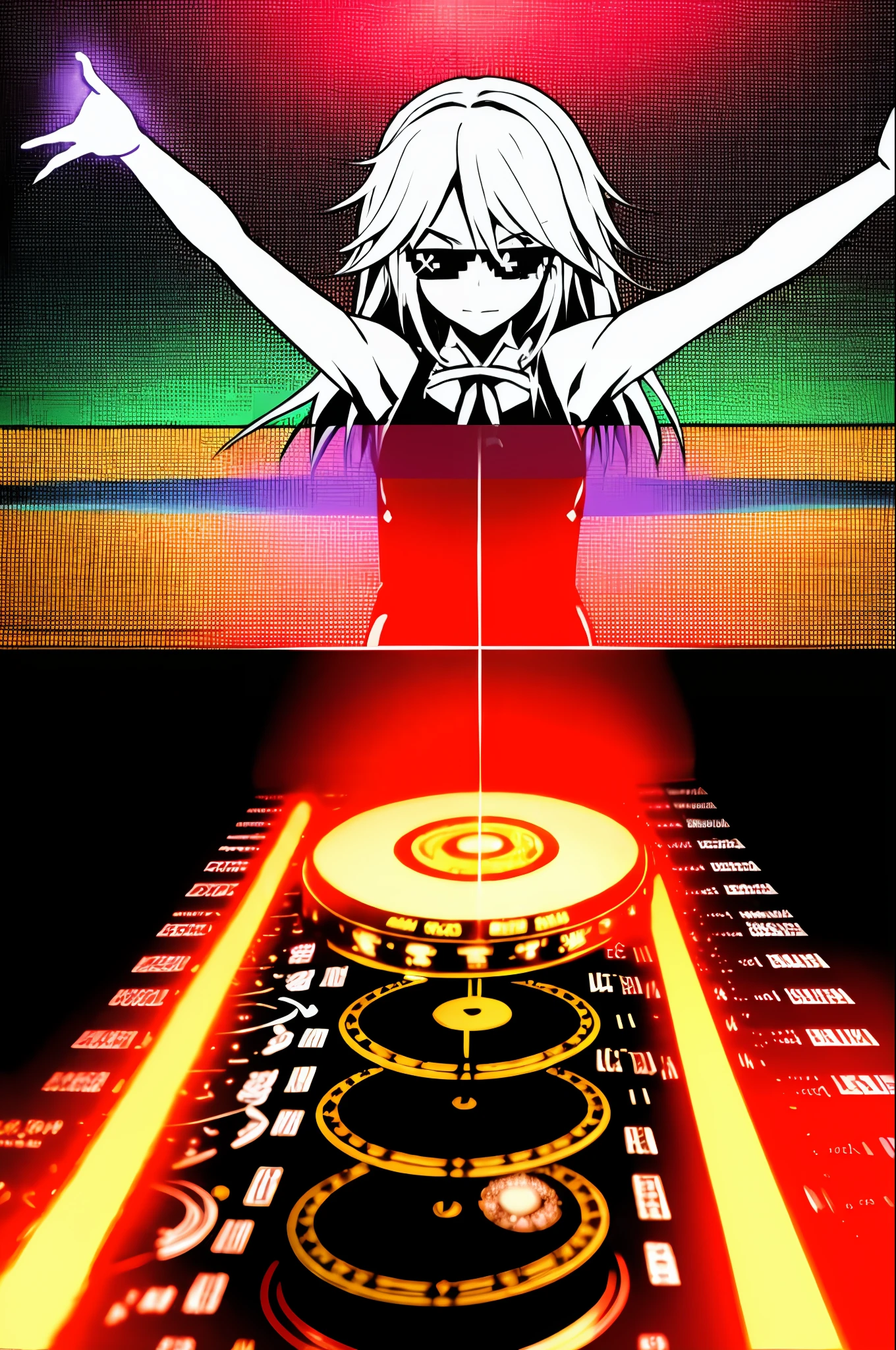 "izayoi sakuya DealWithIt a DJ, showcasing her skills on the turntables at a vibrant rave."
