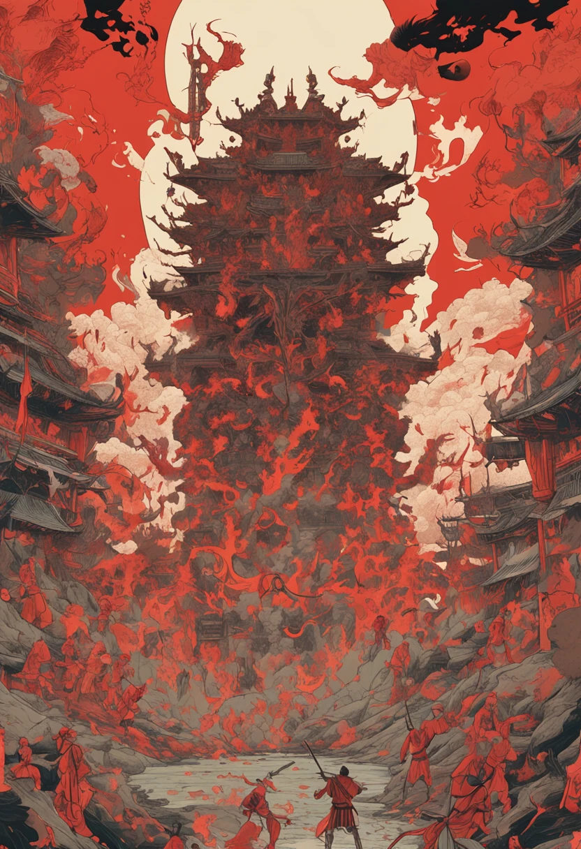 Light of Faith poster, Deviant-art, Sots Art, Official artwork, Light of Hell, official poster artwork, ( ( victo ngai ) ), ,anime still film anime shikishi,Nezha painting style ,Compile art,A squad of troops marched forward,Surrounded by red flames,red colour,A red volcano erupts in the middle,The soldiers were terrified,Scary,Smoke of war