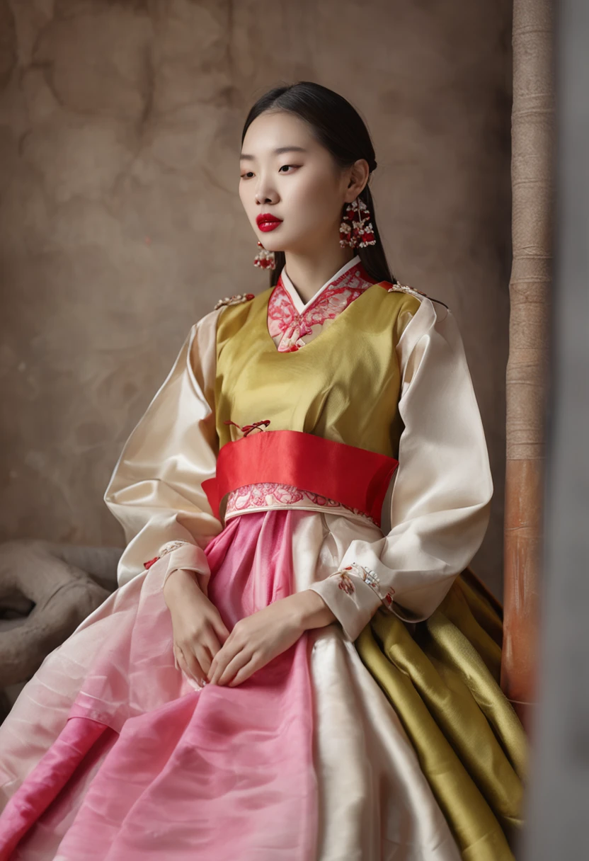 23 years old female, 独奏, Princess, Stunningly beautiful, (topquality、8K、12)、tmasterpiece、NFFSV:1.3)、 hight resolution,(photorealestic:1.4),RAW photography, Detailed Face,,beautiful hair, red and white hanbok, Fluffy hanbok skirt, The hem of the hanbok skirt to the floor, Korean Traditional Hanbok, Thicc Body, 、natural makeup, , Inside the palace, Looking into the eyes of the viewer, in profile, Detailed background, perfect lighting, Depth of field, Beautiful shadow gradient, ,
