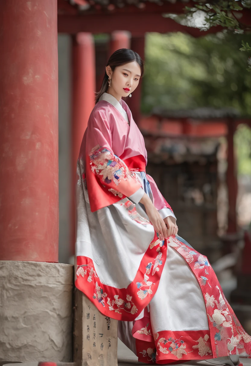 23 years old female, 独奏, Princess, Stunningly beautiful, (topquality、8K、12)、tmasterpiece、NFFSV:1.3)、 hight resolution,(photorealestic:1.4),RAW photography, Detailed Face,,beautiful hair, red and white hanbok, Fluffy hanbok skirt, The hem of the hanbok skirt to the floor, Korean Traditional Hanbok, Thicc Body, 、natural makeup, , Inside the palace,  Looking into the eyes of the viewer, in profile, Detailed background, perfect  lighting, Depth of field, Beautiful shadow gradient, ,