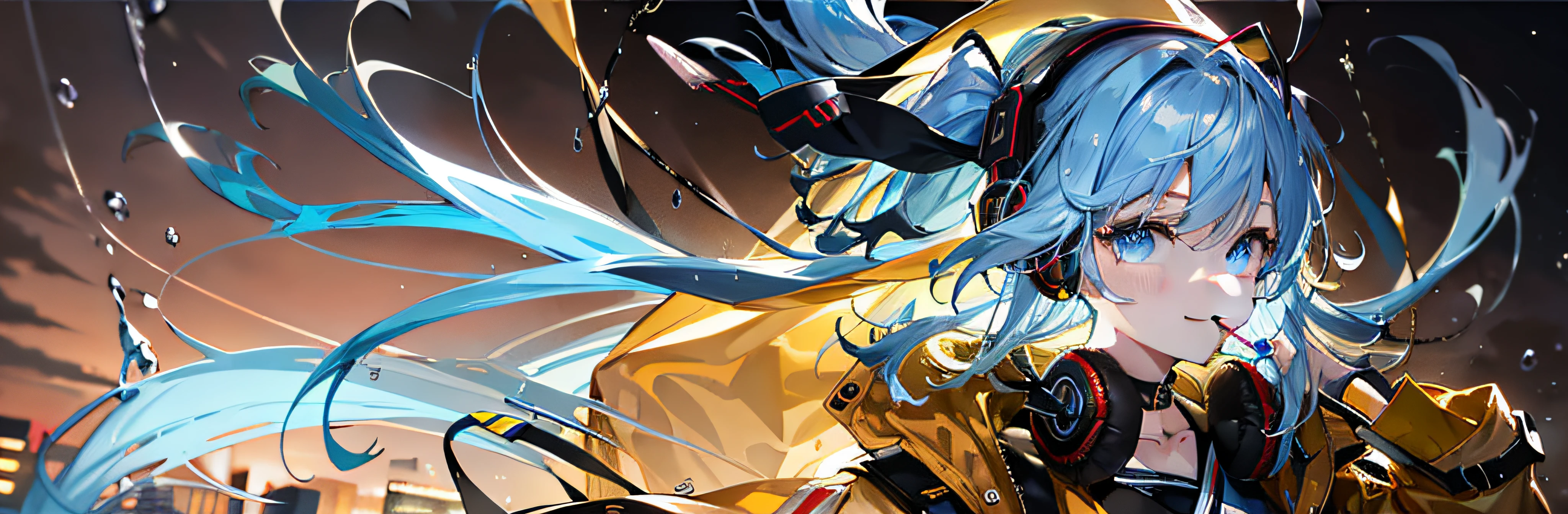 masutepiece、Light light blue hair、Precise hands、Beautiful eyes、A smile、Light yellow raincoat、Precision headphones、a choker、Precision Lollipop、Modern night view background、Beautiful eyes、Beautiful skin tone、Illustrator panamaman