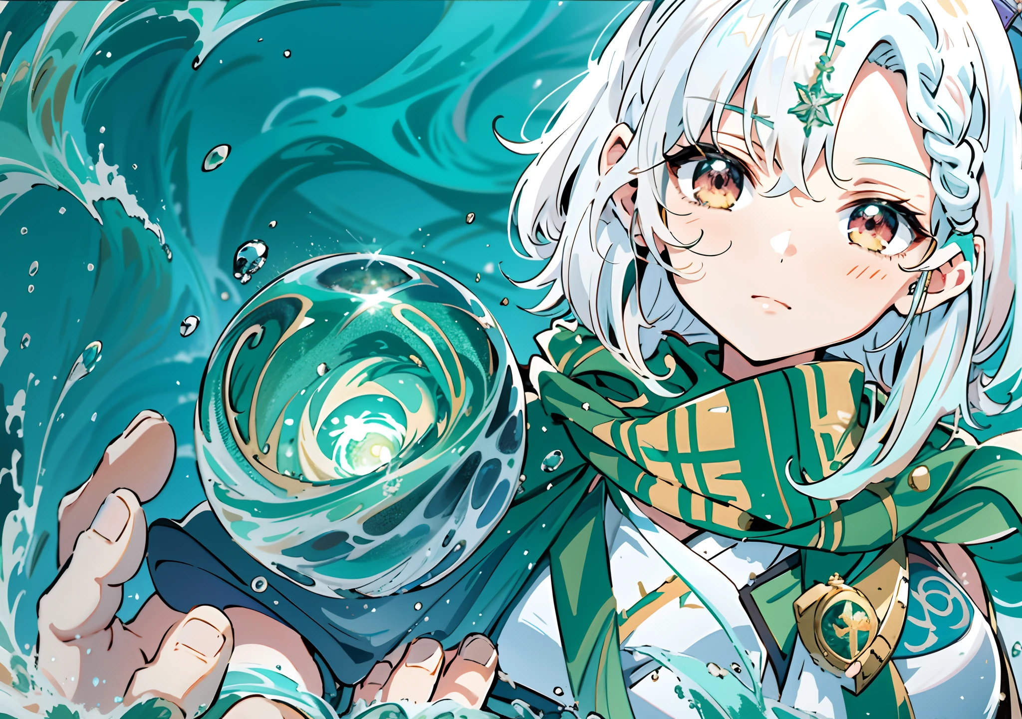 Anime girl holding a crystal ball in her hand, Splash art anime Loli, Official artwork, crisp clear rpg portrait, Best anime 4k konachan wallpaper, Detailed digital anime art, clean and meticulous anime art, 4k manga wallpapers, closeup fantasy with water magic, alchemist girl, water elemental, Detailed key anime art, Pixiv style, Best Rated on pixiv,Yushui，water，higuchi_Madoka,((Brown horn)),(((green scarf))),(((White hair))),Short hair,ahoge,((french braid)),((Green hairpins)),(((Golden eyes)))