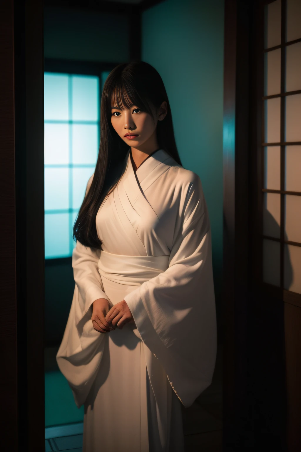 (masterpiece、high-level image quality、hightquality)、(The ghost of a young beauty)、Female Ghost Story,(Japan Ghost Story、Spirit、Psychic phenomena)、Stray Spirits、Amazing beauty、爆乳、Excellent style、Mind-boggling images、She looks like a model actress in Japan.Glossy、full body Esbian、Release cold air、Chill、 Beauty Yokai、dimmed lights.lantern、canny、vhorrified、Japanese houses、Darkness of the night、((fiction、Horror Pictures、ghosts、aura、Psychic Photography))、Sadako and Yotsuya Ghost Story are bad、(Earthbound Spirit、Grudge Spirit、Colored Spirits),