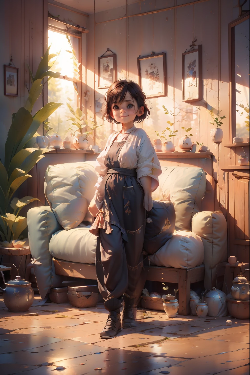 (8K, RAW photos, best qualtiy, tmasterpiece:1.2), (realisticlying, photograph realistic:1.37), Hyper-detailing, 超高分辨率, 1个Giant Breast Girl, looking at viewert, beautifull detailed face, ssmile, smal, (Small chest,Thin waist:1.3), The shirt, Beautiful Details Skin, skin textures, Floating hair, profesional lighting, Read a book and drink tea, The years are quiet, Cinematic lighting, Chiaroscuro, projected inset, Sony FE,grin