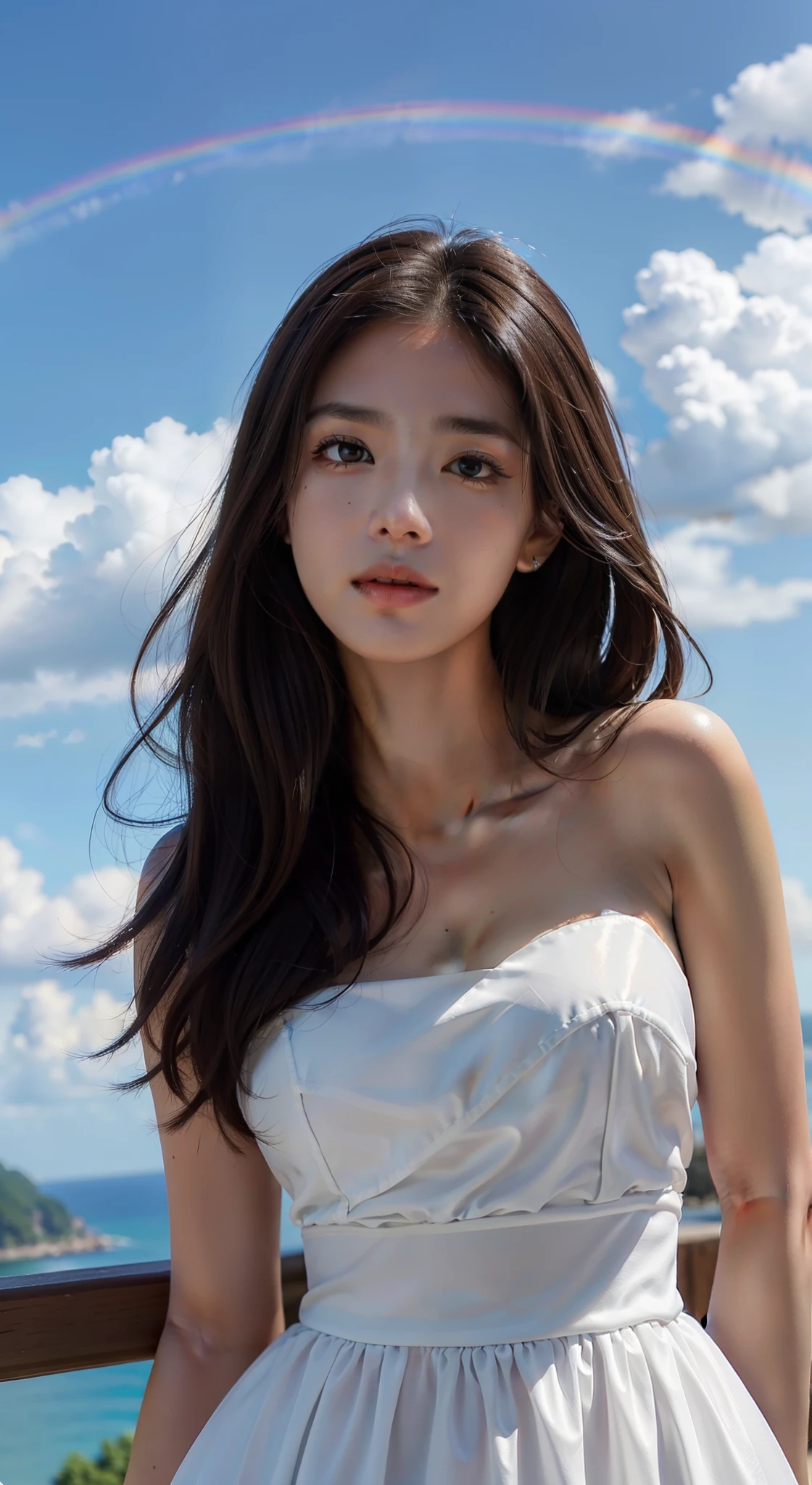 Blue sky and white clouds，Sense of lighting, a high resolution, best quality, 4k, High quality, High details, Super detail, masterpiece，youth，high nose bridge，sexy，long hair，Girl，cute，Big breasts,whole body