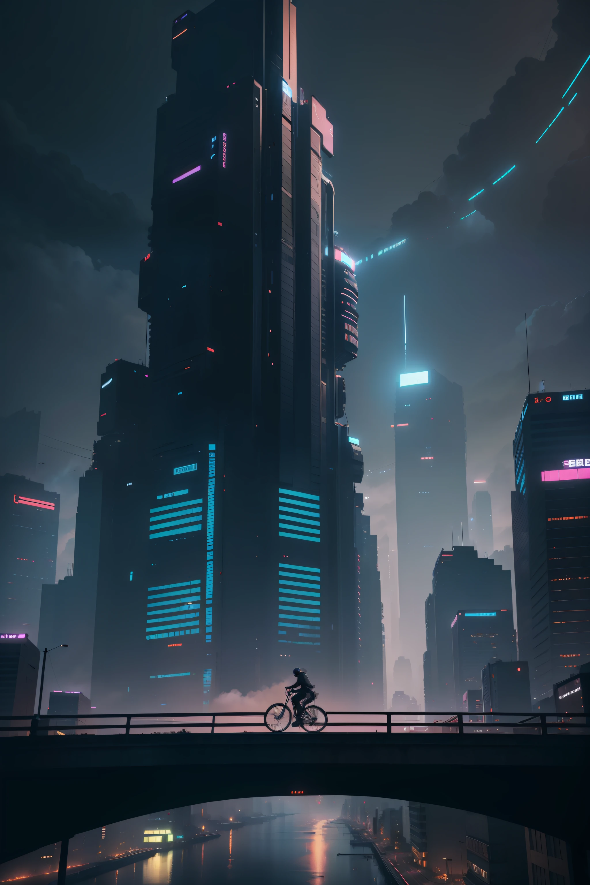 There is a photo of a man riding a bicycle on a bridge, urban concept art, anime style cityscape, inspired by Liam Wong, Concept art wallpaper 4K, Dystopian digital concept art, bastien grivet, cyberpunk city landscape, in style of atey ghailan, cloudpunk, Inspired by Atey ghailan, Cyberpunk City in the distance city,blue-sky,Future wind,High-rise buildings,sci-fy,cyber punk perssonage。neonlight,Sci-fi high-rises,dark cloude,Dim sky