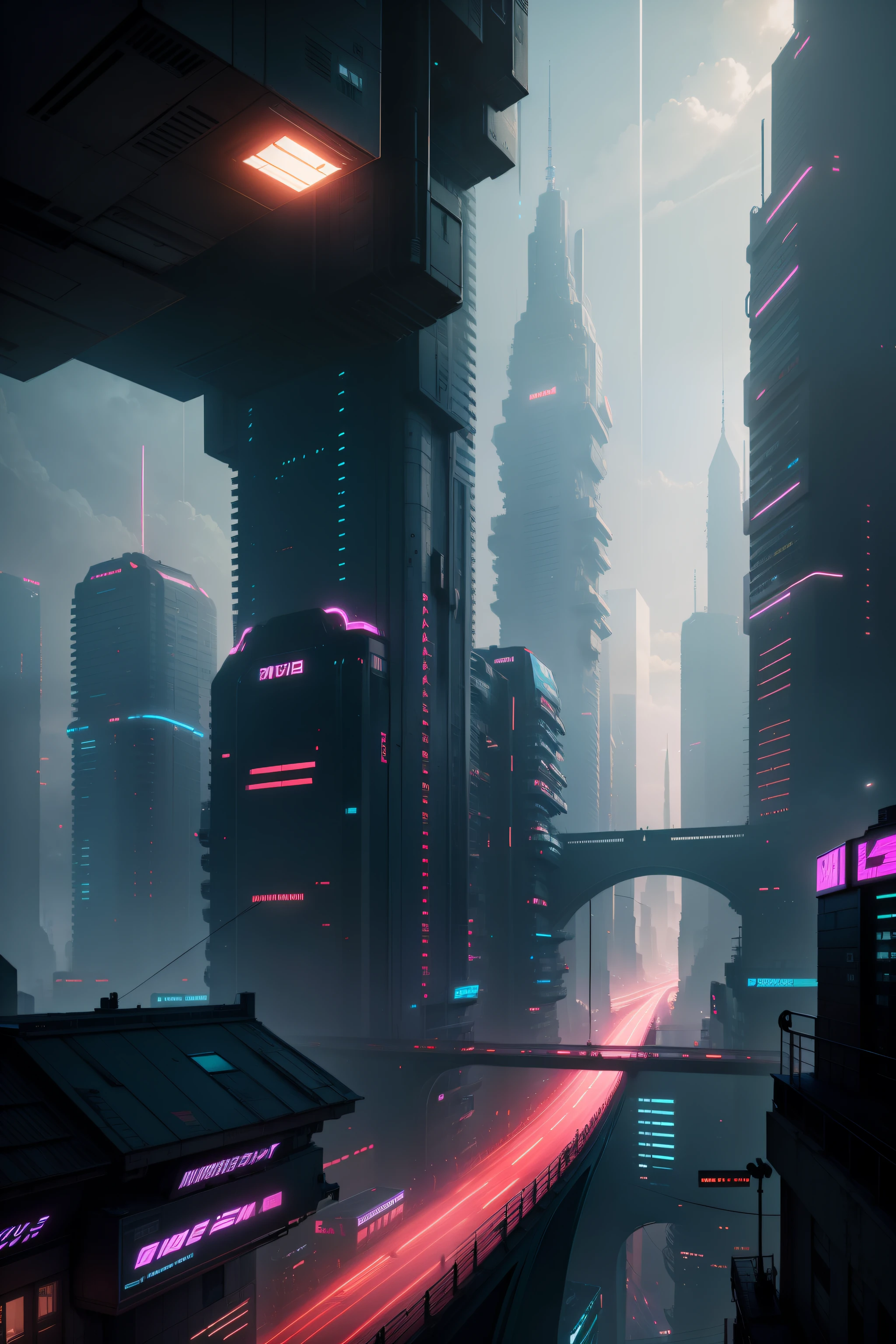There is a photo of a man riding a bicycle on a bridge, urban concept art, anime style cityscape, inspired by Liam Wong, Concept art wallpaper 4K, Dystopian digital concept art, bastien grivet, cyberpunk city landscape, in style of atey ghailan, cloudpunk, Inspired by Atey ghailan, Cyberpunk City in the distance city,blue-sky,Future wind,High-rise buildings,sci-fy,cyber punk perssonage。neonlight,Sci-fi high-rises,dark cloude,Dim sky