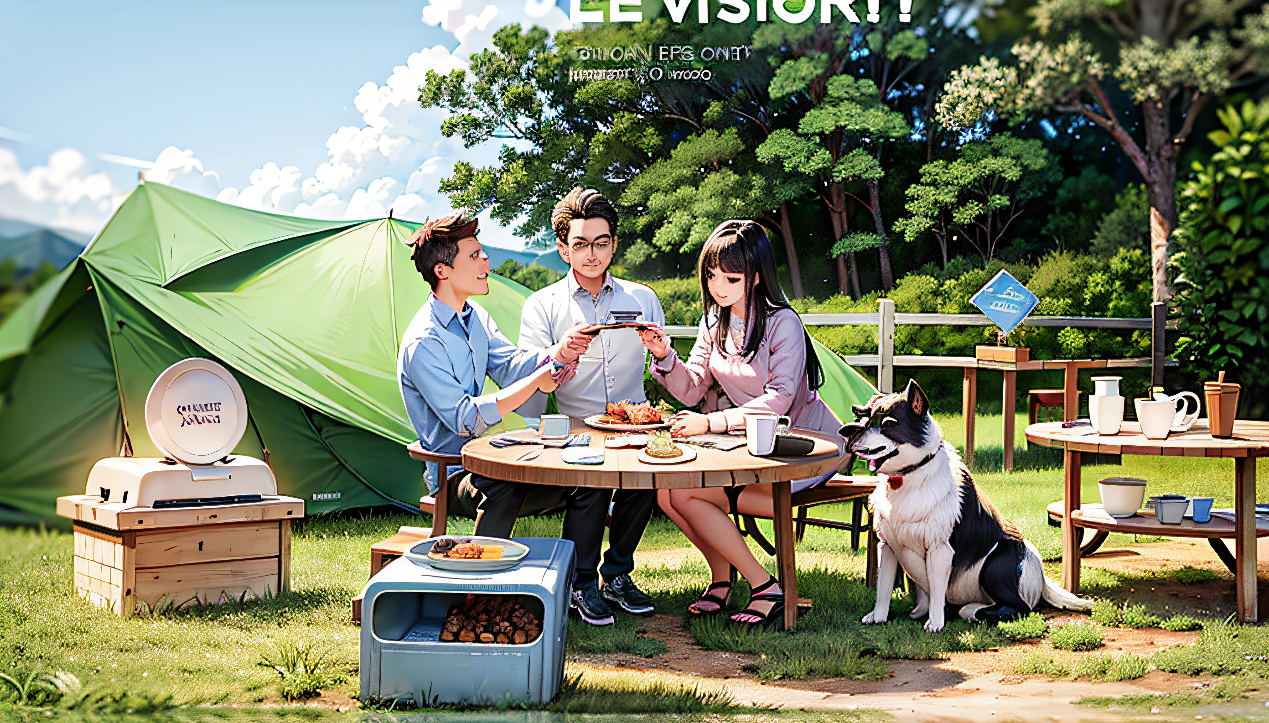 There were three people and a dog sitting at a table,Family dinners,Gourmet temptation, Outdoor camping, Al fresco dining, Haggis for hot pot, illustration, a cartoon illustration,grass field,with blue sky and white clouds,Camping tents