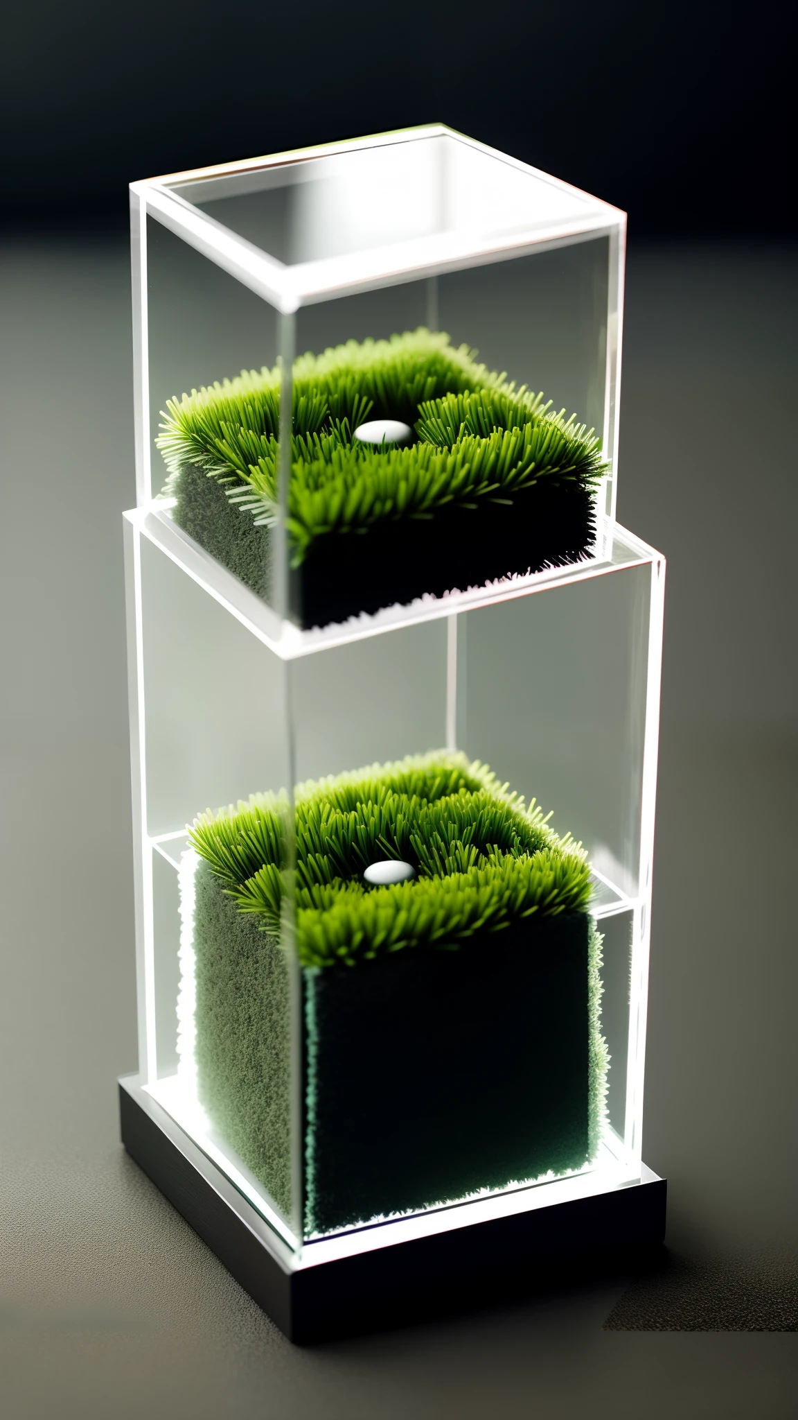 Glass cube,There is a small pine forest inside , Realistic pine trees and grass, Soft light warm gray background, (Fog in the forest:0.2), Slate atmosphere, Cinematic, darkened with color, dark shot, pastel colour, film grainy, lute, Spooky