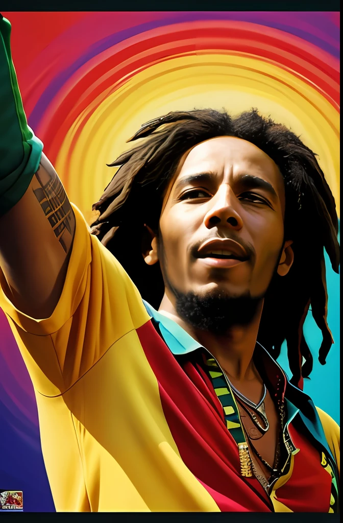 "Reggae legend Bob Marley in a vibrant and captivating artwork."