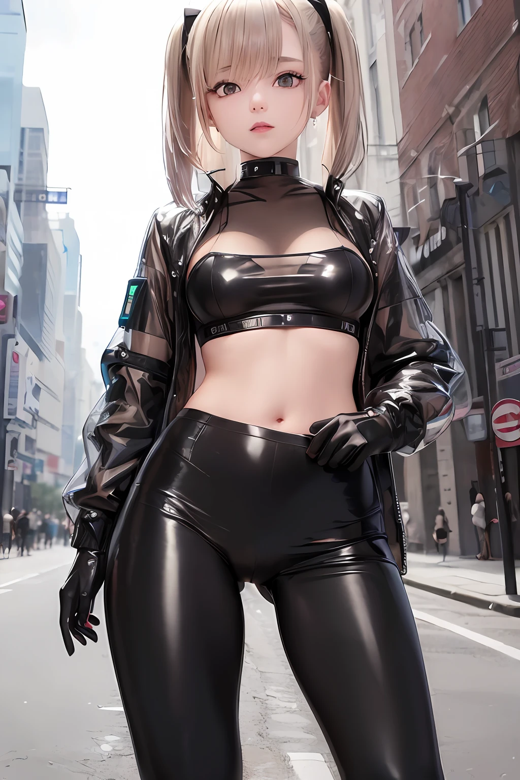 ((Best Quality, 8K, Masterpiece: 1.3)), 1 girl , ("future , techwear, jacket":1.3 ),("micro bikini , transparent pussy":1.2), (glove:1.2),("techwear, leggings:1.2)large breasts , thigh , (dynamic pose:1.1), wind ,future of the city