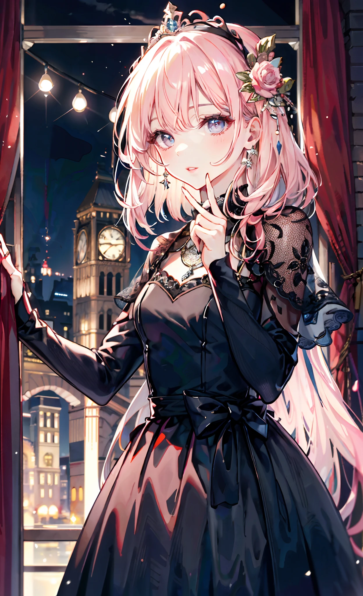 (Complete head:1.9),meticulous portrayal of face,1 noblewoman,a matural female,Black dress long dress,Pink Long Hair,nigth,curtain,Prom background, s the perfect face, perfect hand, Perfect Finger, Perfect lips, perfect eyes, Perfect background