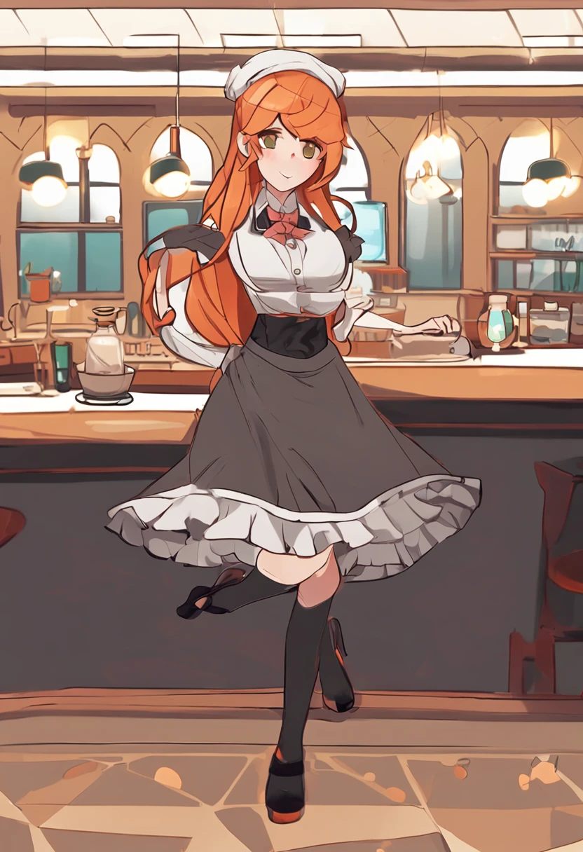 ai_generated curvy_body curvy_female curvy_figure The average cup size female_only huge_breasts looking_at_viewer +maid solo_female solo_focus stable_diffusion waitress orange_hair green_eyes lifts the skirt showing black panties legs in pantyhose --auto