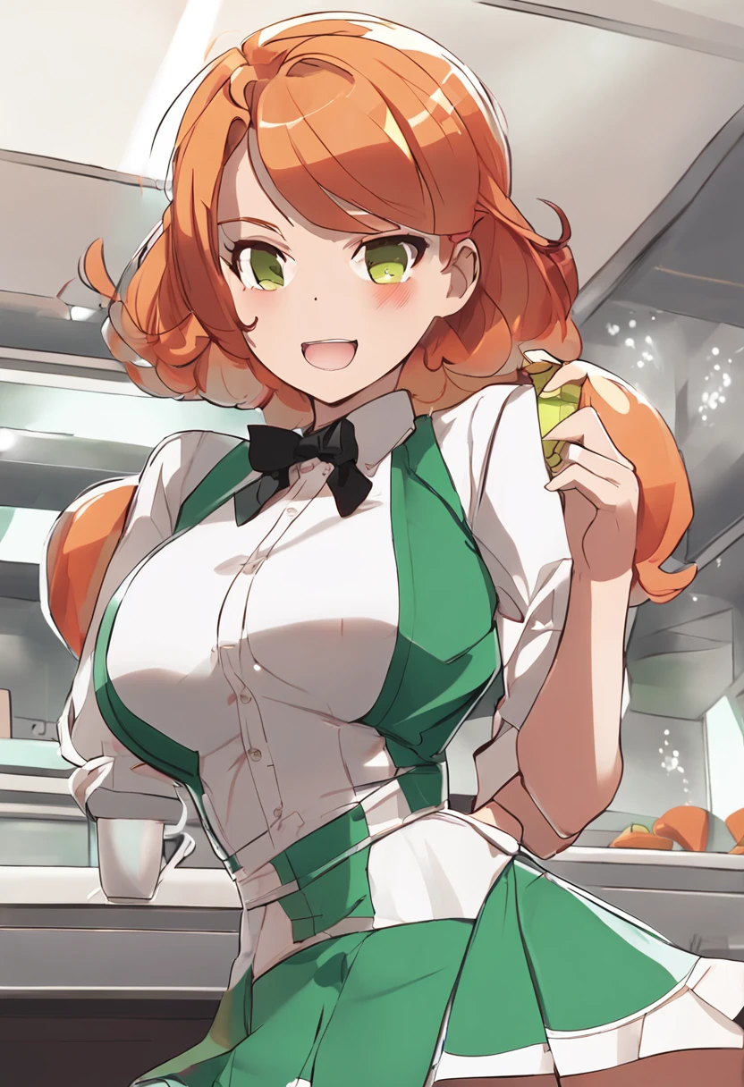 ai_generated curvy_body curvy_female curvy_figure The average cup size female_only huge_breasts looking_at_viewer +maid solo_female solo_focus stable_diffusion waitress orange_hair green_eyes lifts the skirt showing black panties legs in pantyhose --auto