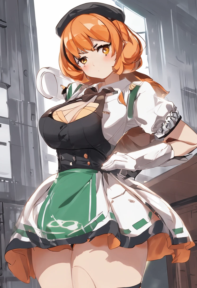 ai_generated curvy_body curvy_female curvy_figure The average cup size female_only huge_breasts looking_at_viewer +maid solo_female solo_focus stable_diffusion waitress orange_hair green_eyes lifts the skirt showing black panties legs in pantyhose --auto